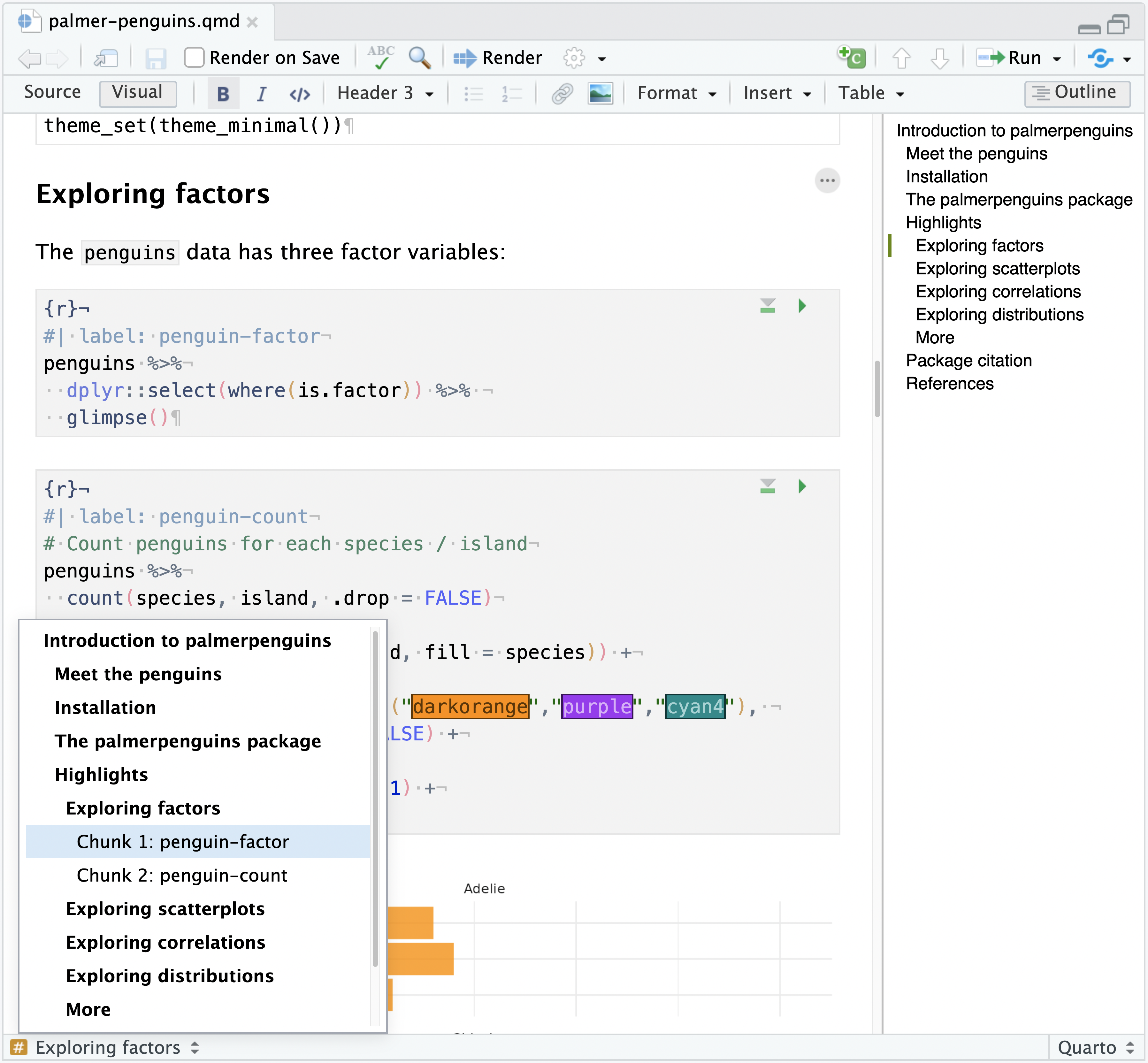 A screenshot of a Quarto document with the Outline and Jump To menus expanded for navigating the document headings and code chunks.