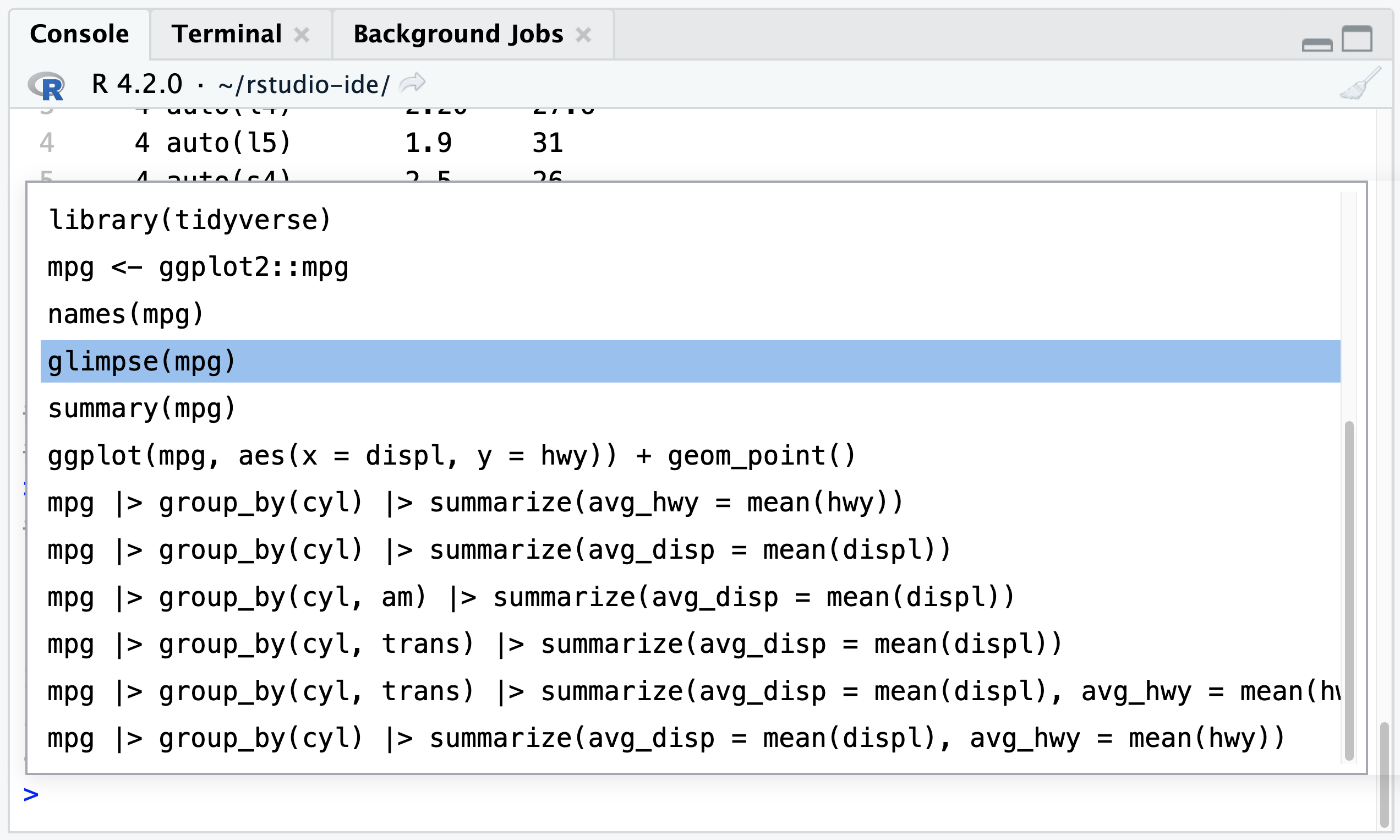 A screenshot of the history of commands executed in the RStudio console.