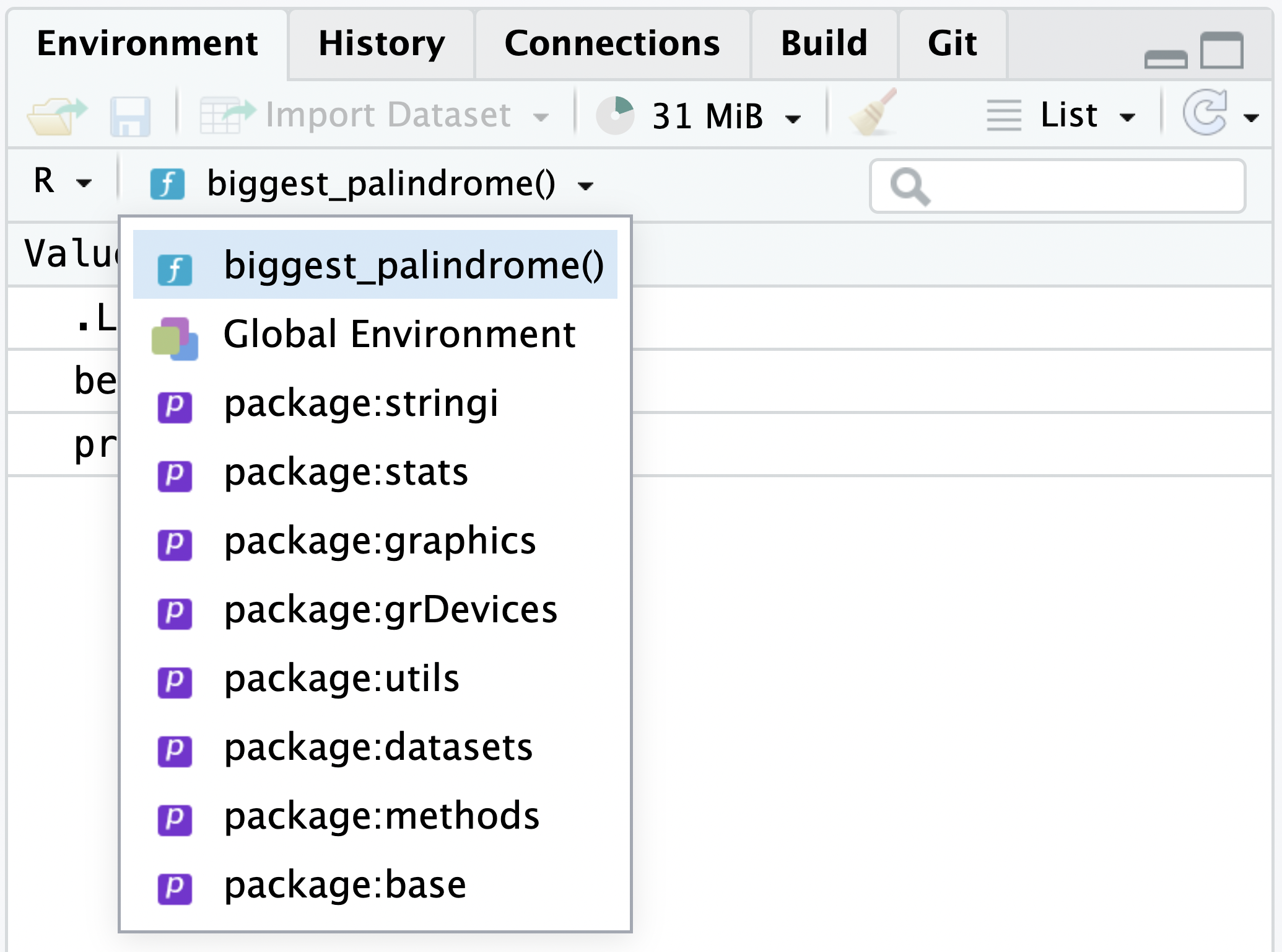A screenshot of the RStudio Environment pane and the environment stack with additional packages, global environment, etc, that are all part of the debugger stack.