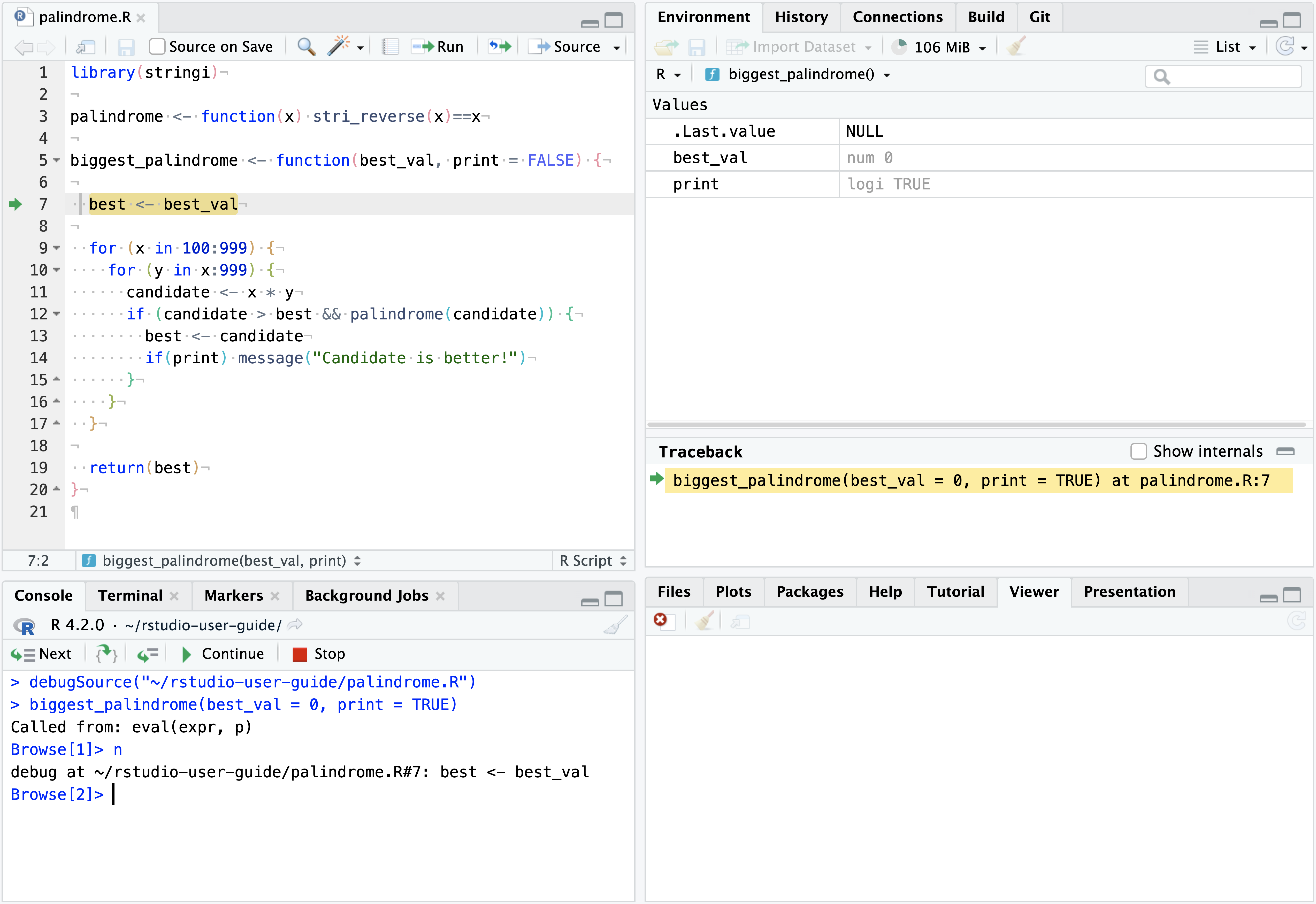 A screenshot of RStudio displaying example R code with a browser(), the R Console executing within the browser() context, the environment pane, and the traceback to the specific function with the browser.