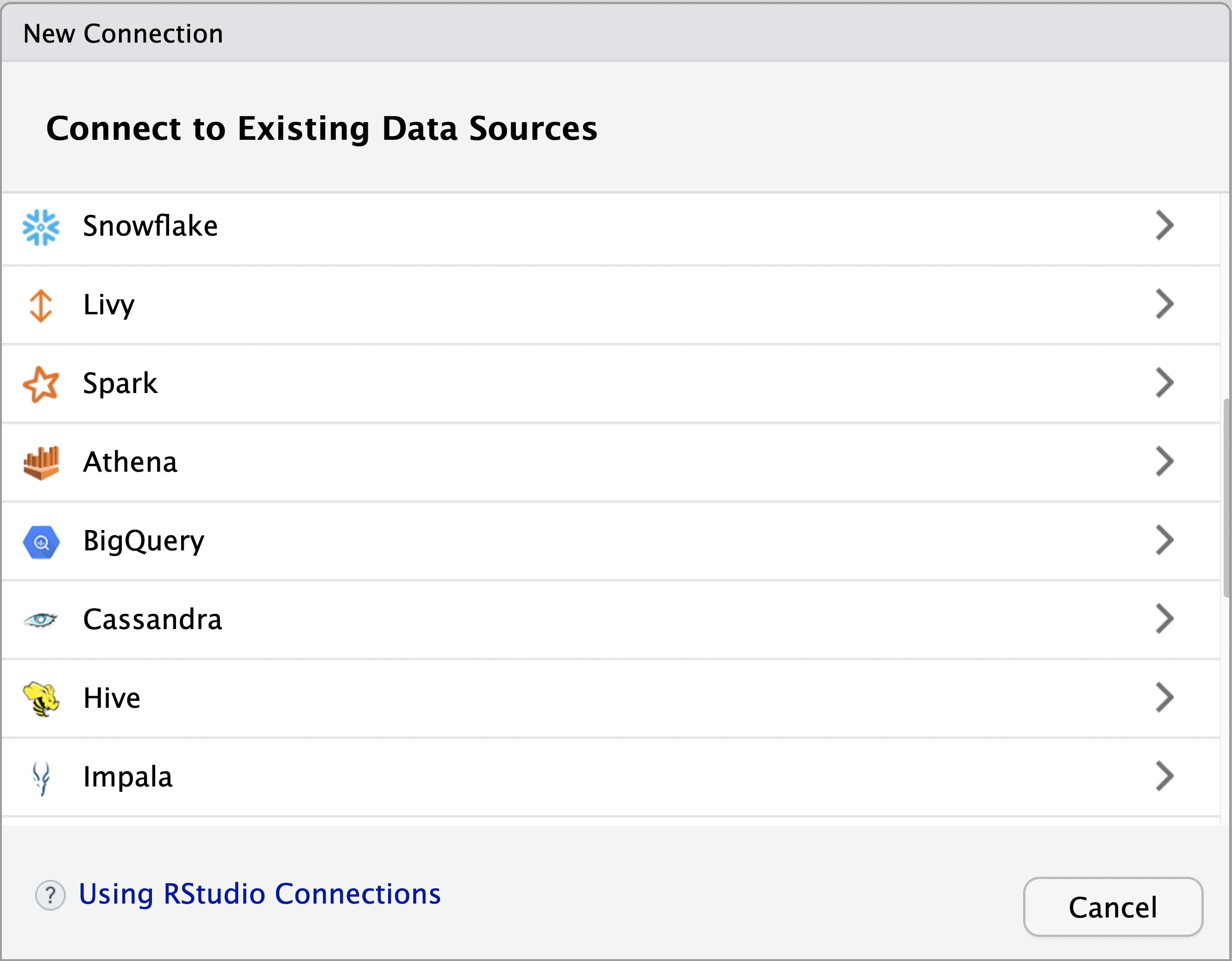 A screenshot of the Connections > New Connections popup, providing available ODBC connections for the system such as Snowflake, Livy, Spark, Athena, etc.