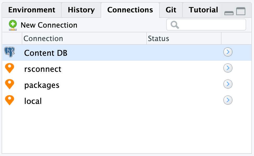 A screenshot of the Connections pane in RStudio, displaying existing database connections.