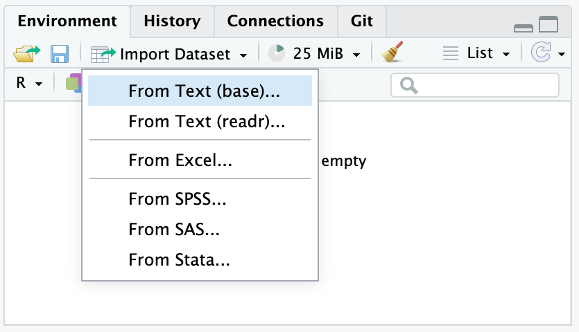 A screenshot of the Import Dataset dropdown.