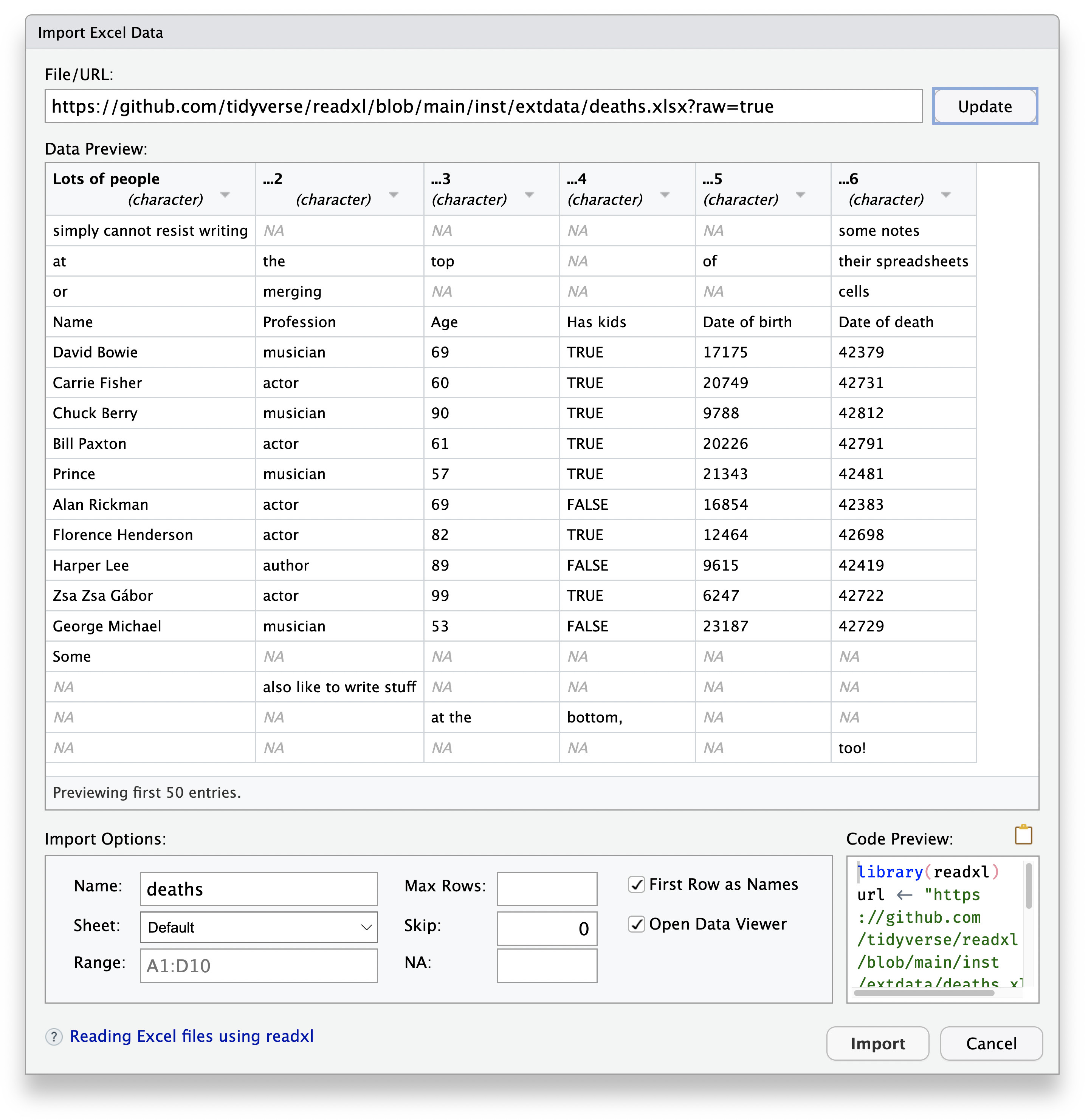 A screenshot of the Import Excel Data popup wizard.