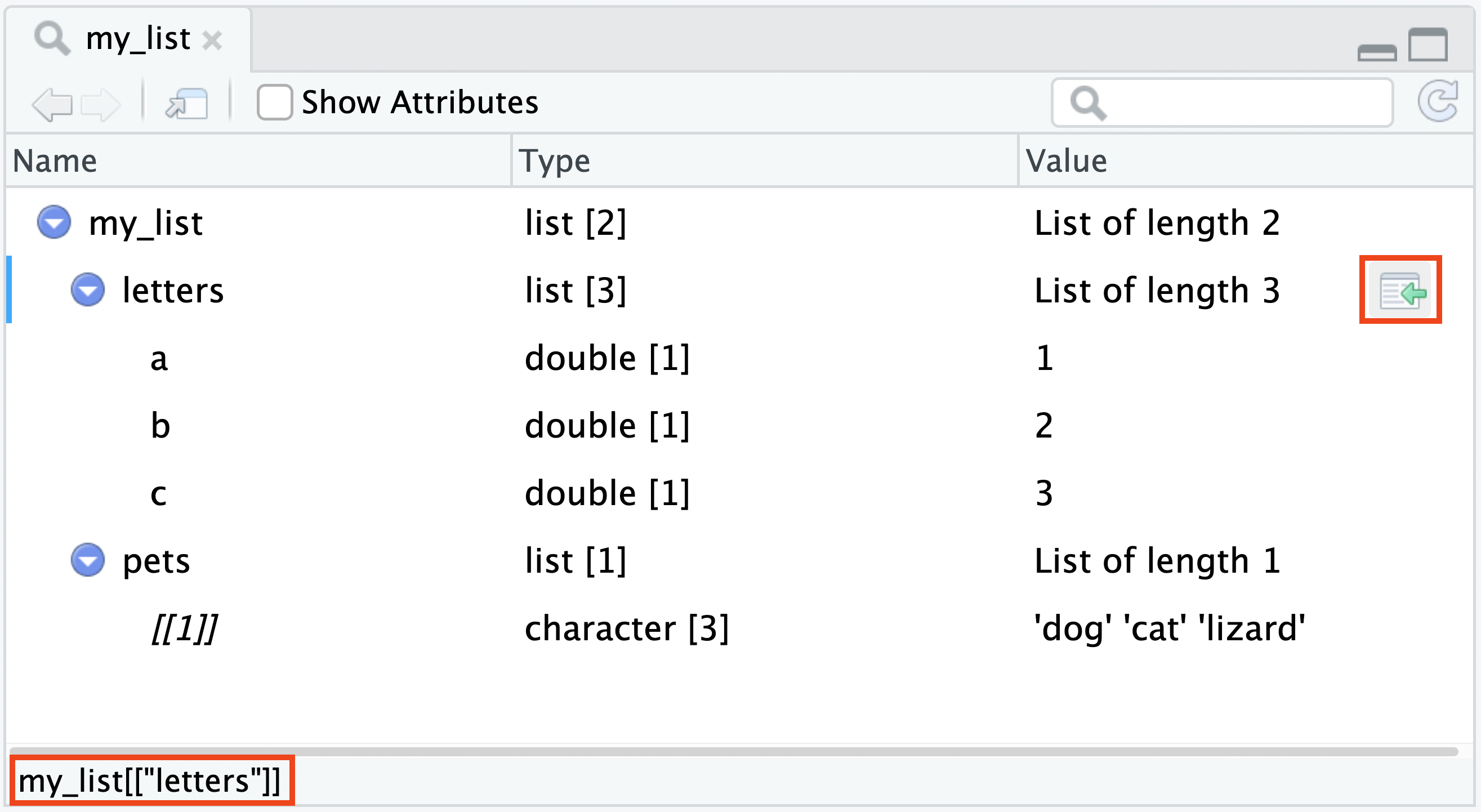 A list in the Data Viewer, displaying the ability to open/close nested objects and filter the data.