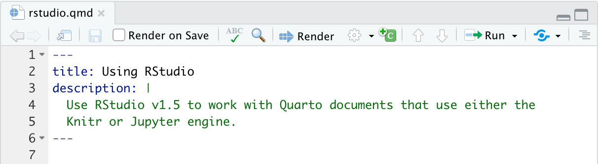The top section of a qmd file as displayed in RStudio. There is a toolbar right above the document containing various options, including 'Render.' There is a stylized, segmented blue arrow pointing at the word.