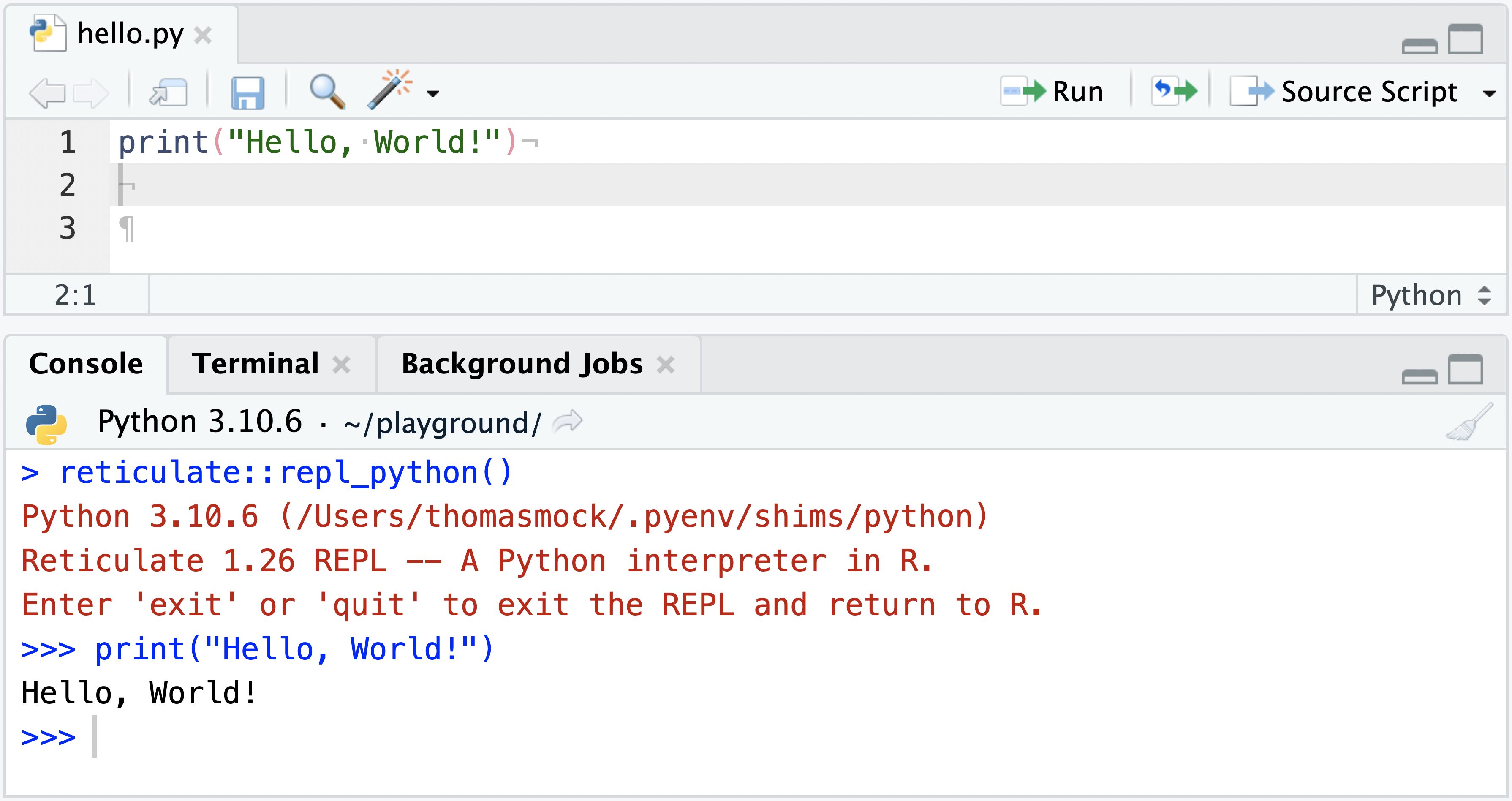Screenshot of a simple Python script run via reticulate in the console.