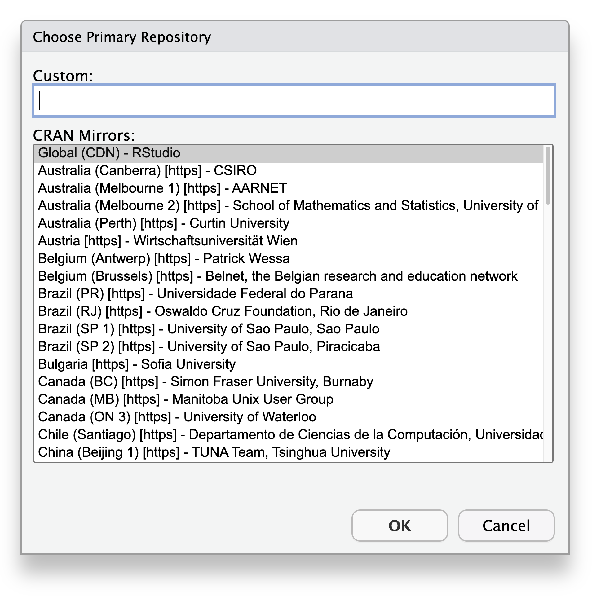 The menu for Choosing an alternative Primary Repository
