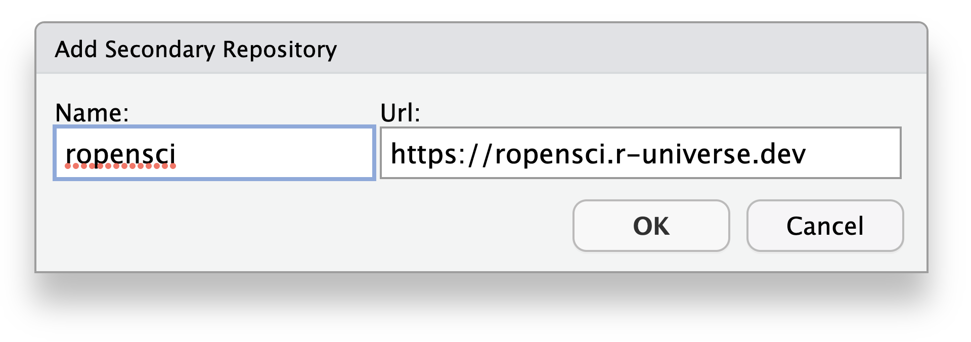 The Add Secondary Repository popup, showing adding ropensci from r-universe.