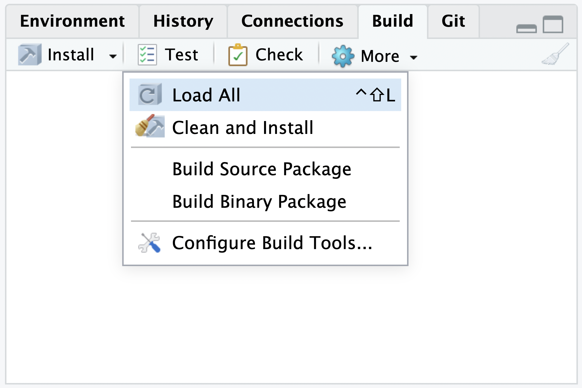 The build pane in RStudio, displaying the buttons available.