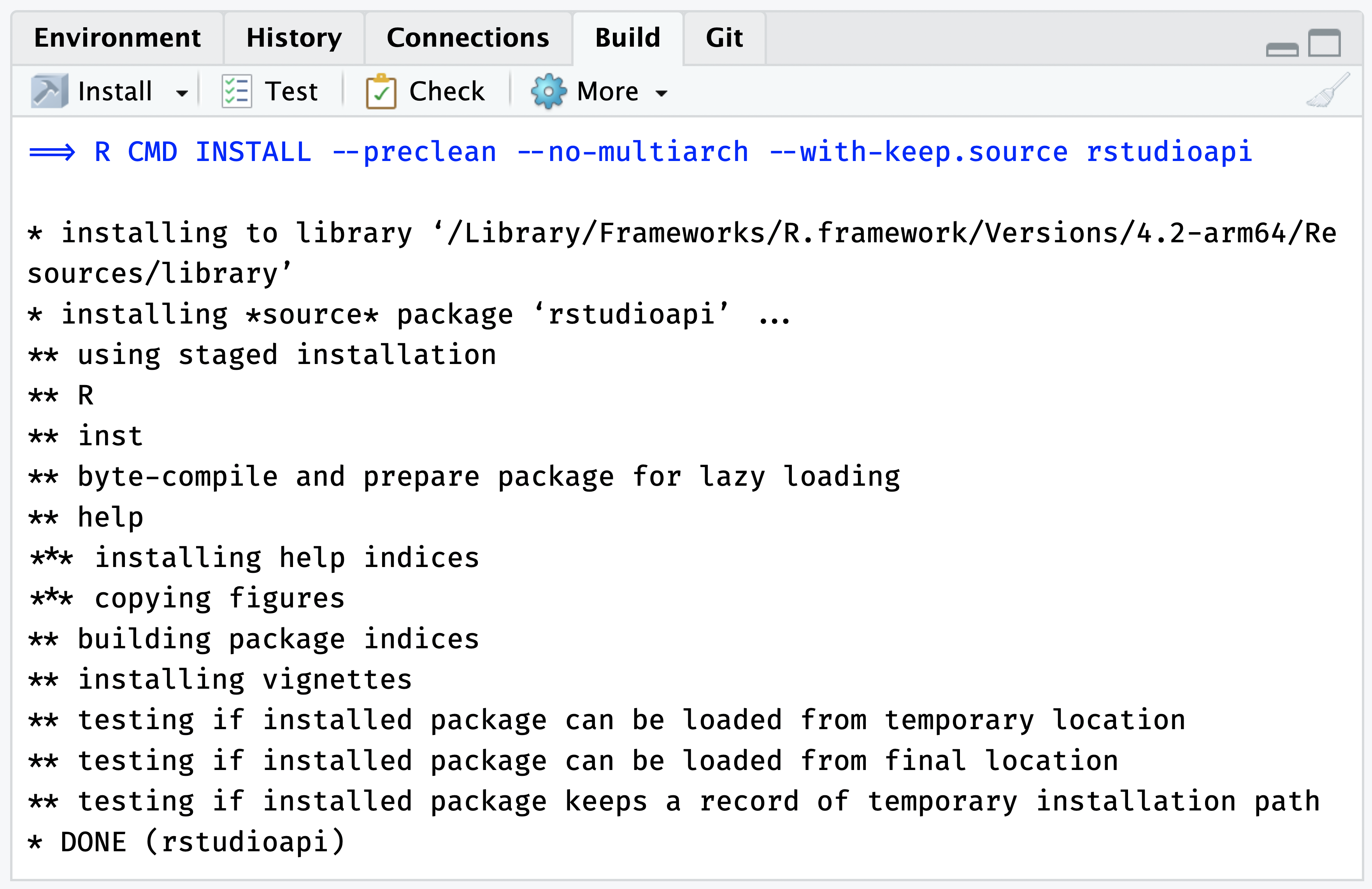 The build pane in RStudio, showing the output of a 'Clean and Install' command.