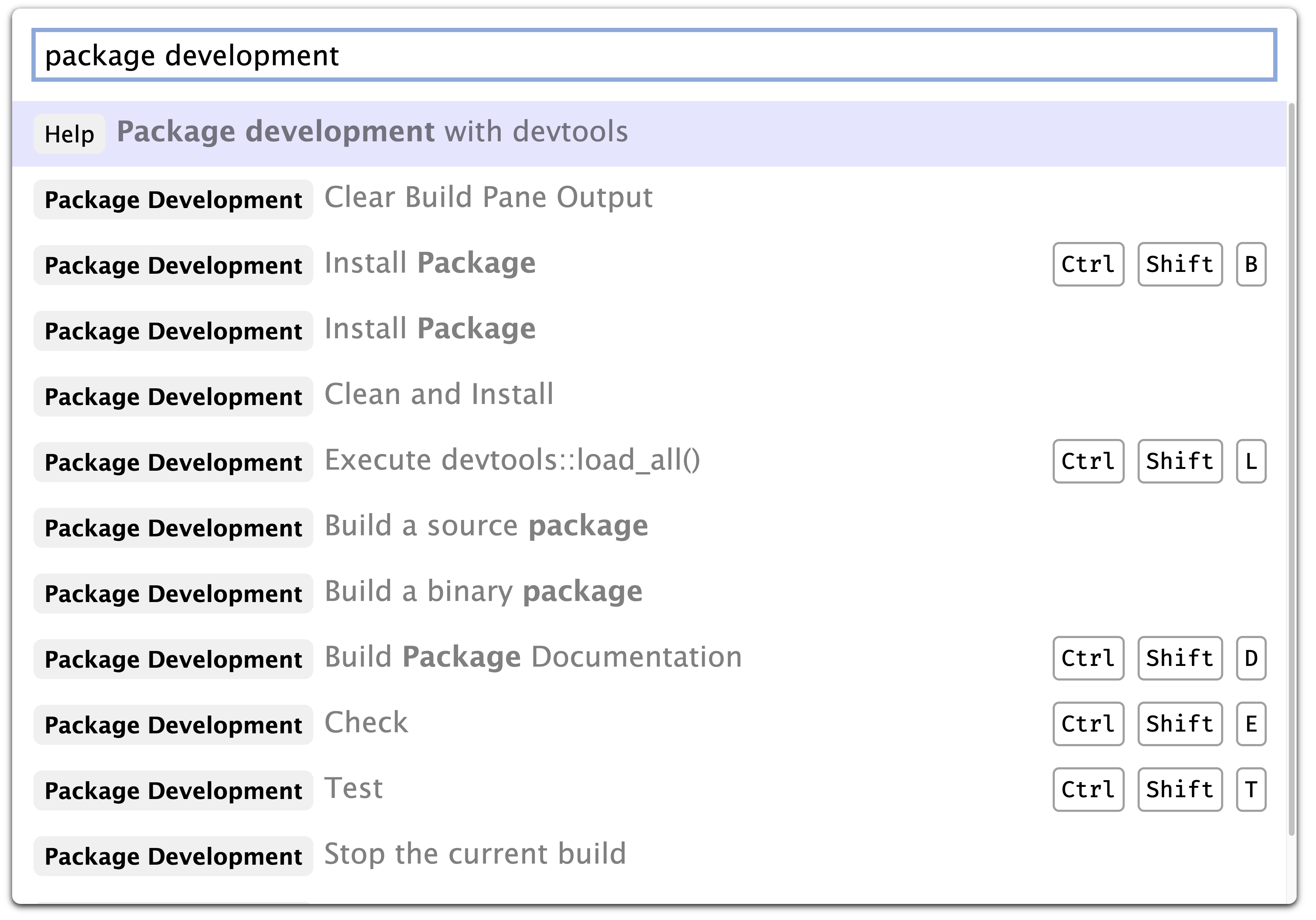 The Command Palette filtered down to package development specific commands.