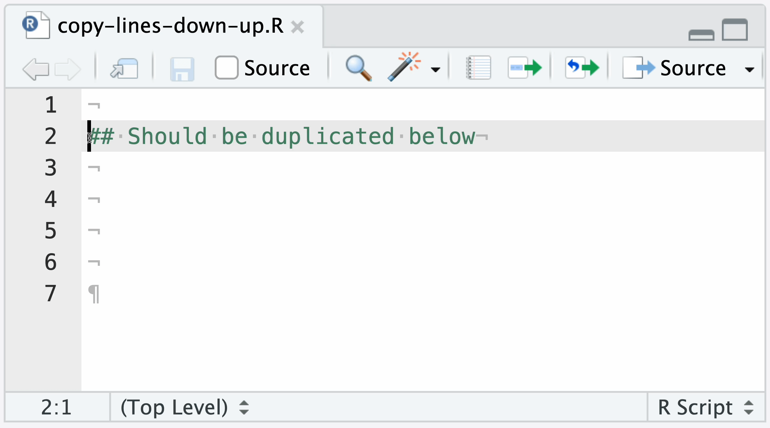 A screencast of an example line of text being duplicated across multiple lines with the copy lines up/down shortcut