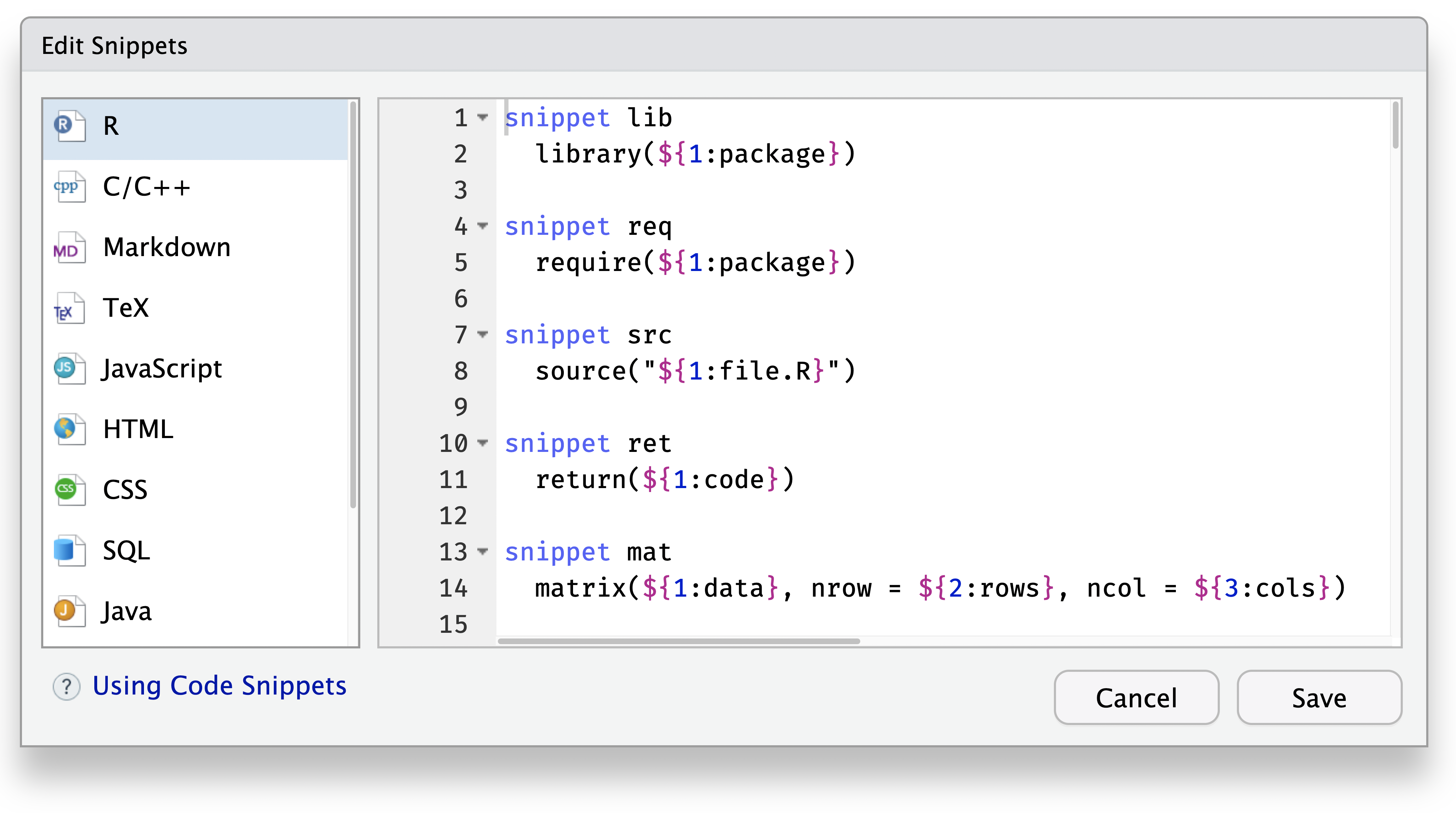A screenshot of the Edit Snippets wizard, displaying the snippets for R.