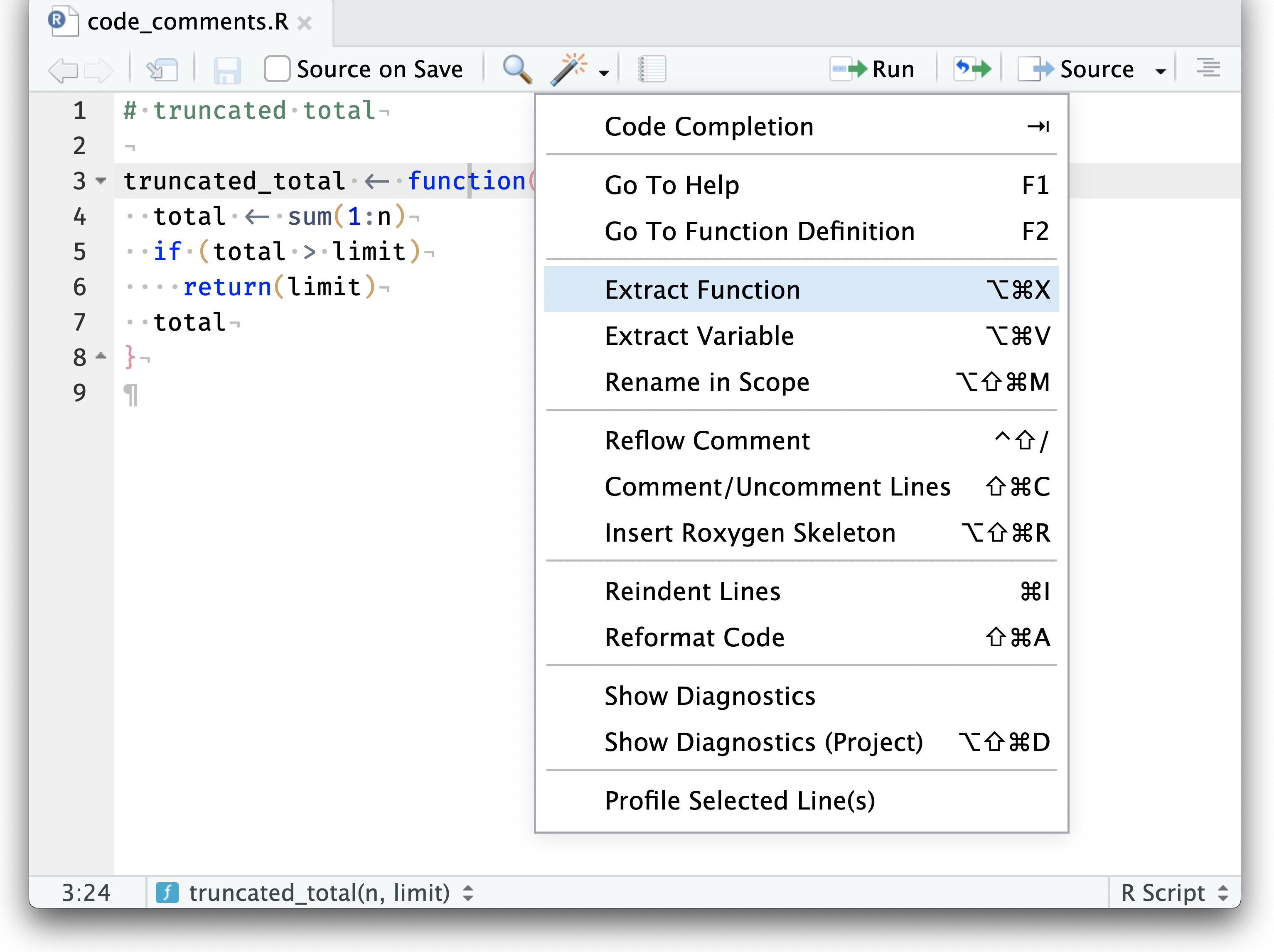 Screenshot of the Code Tools > Extract Function button