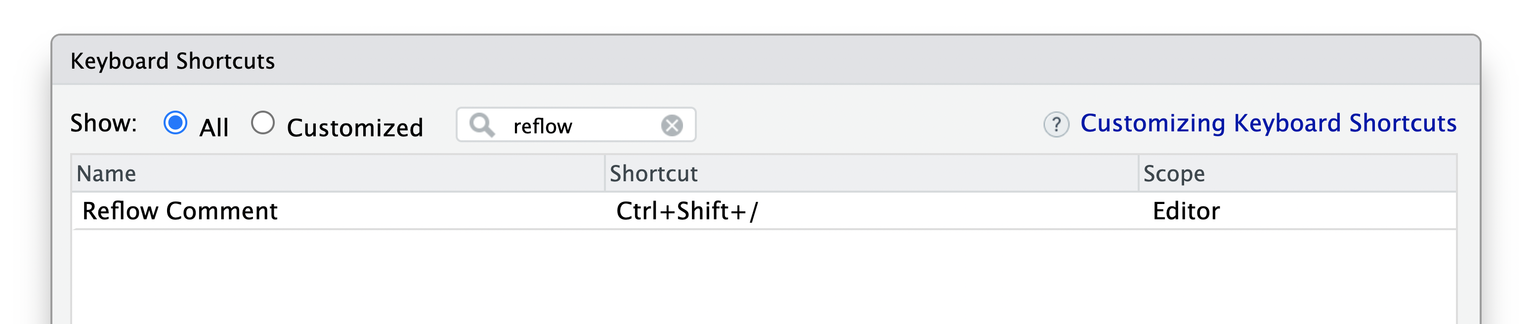 A screenshot of the keyboard shortcut wizard filtered to 'reflow'