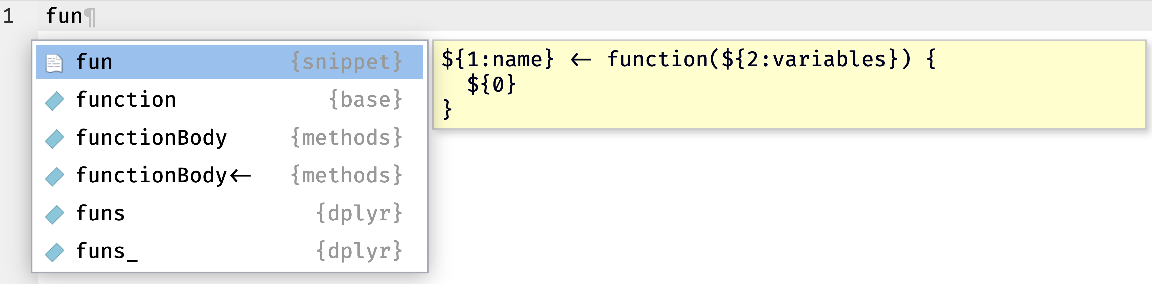 A screenshot of the output from using the `fun` snippet to autocomplete to function definition.