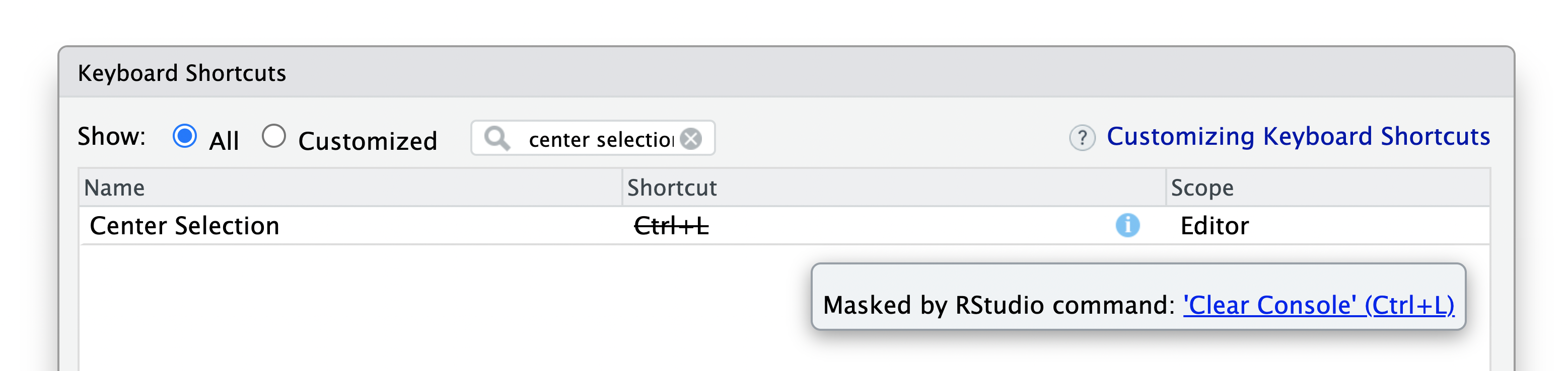 A screenshot of a 'masked' shortcut which indicates the conflict with 'Clear Console'