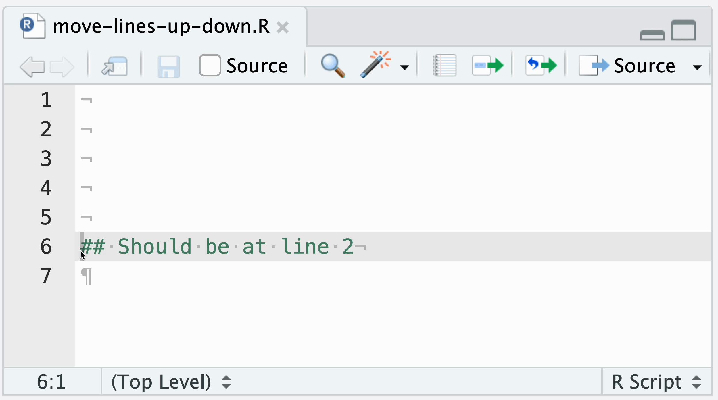 A screencast of an example line of text being moved up with the move lines up/down shortcut