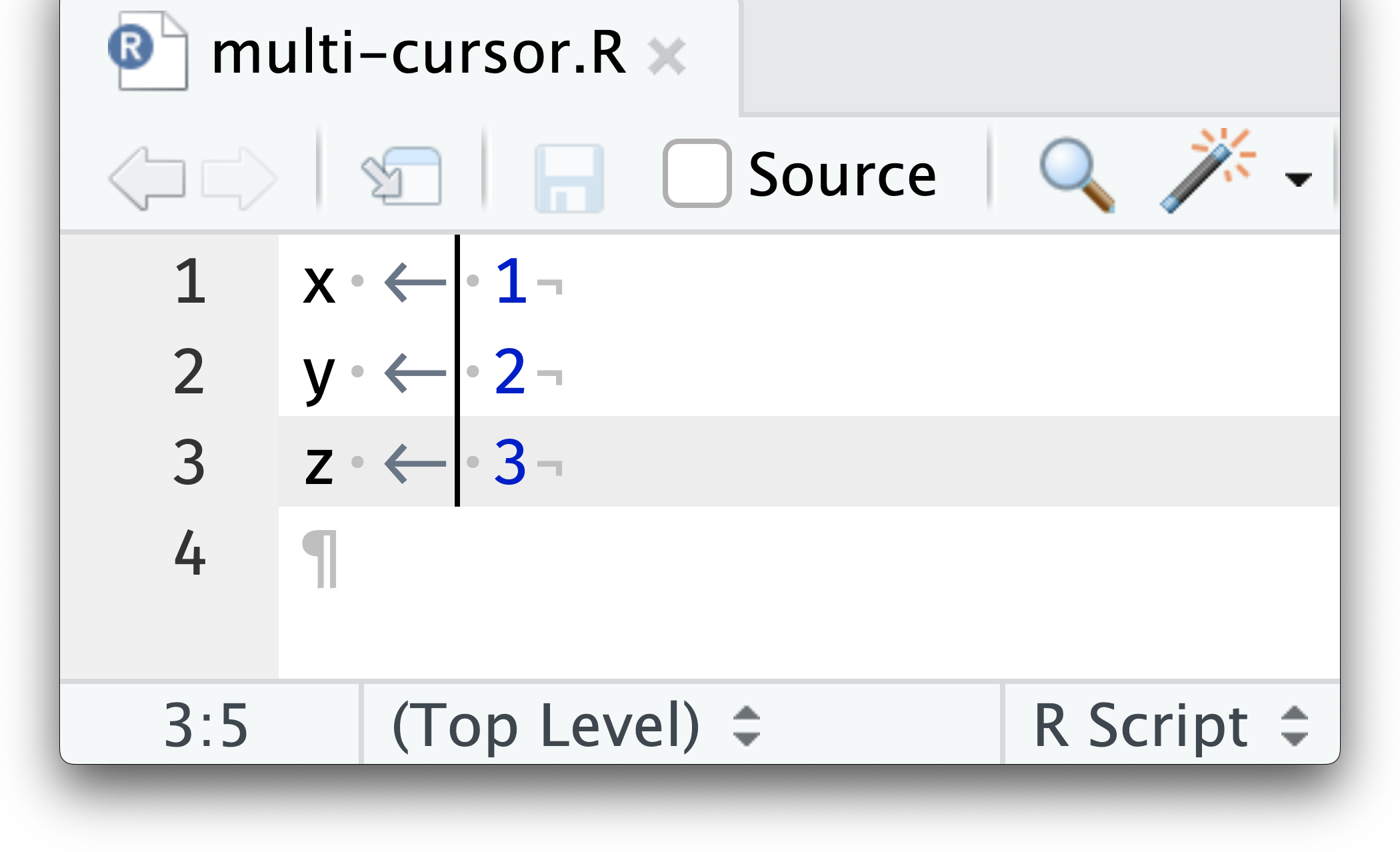 Screenshot of multiple cursors across 3 lines of code
