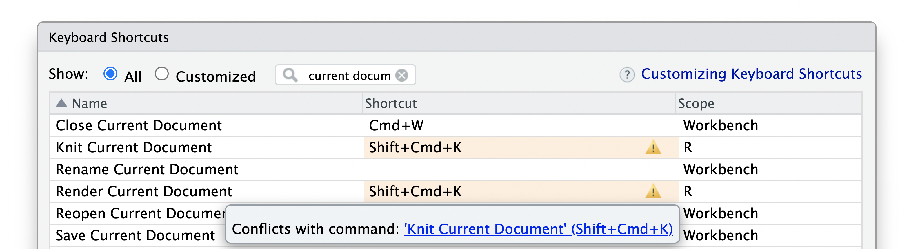 A screenshot of a shortcut conflict, displaying the specific command it conflicts with.