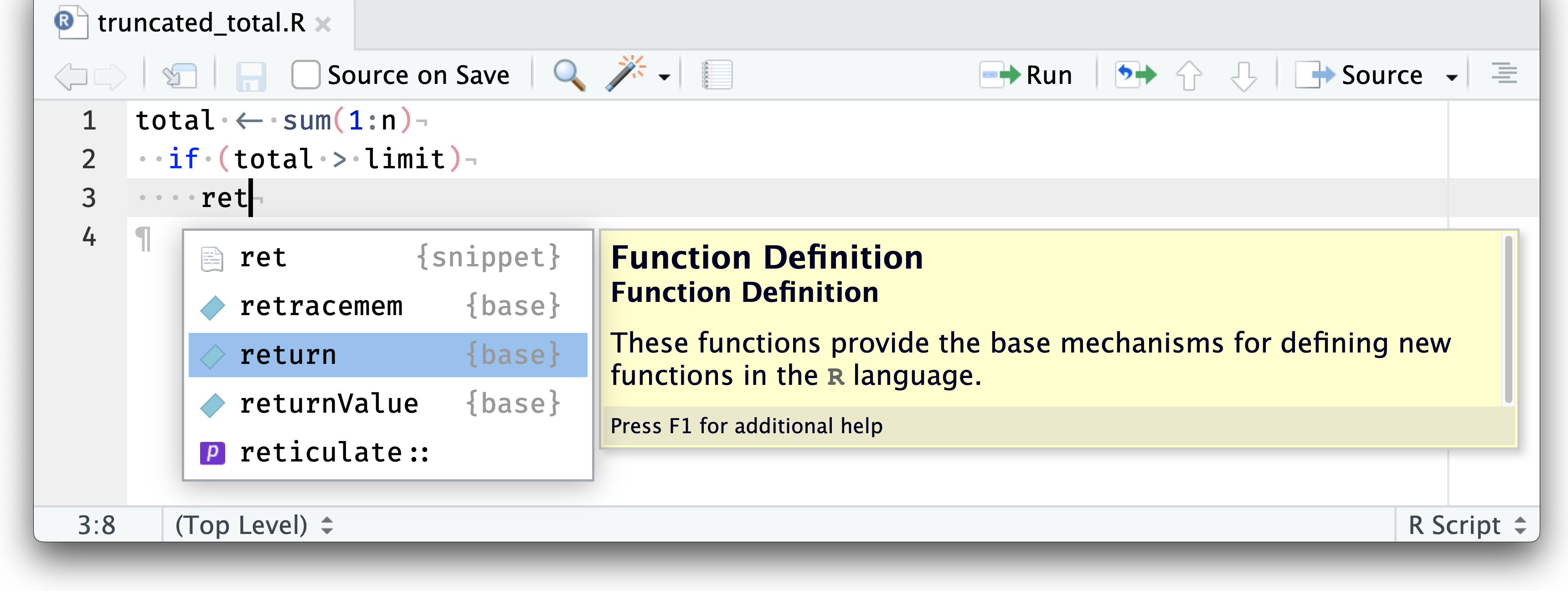 Screenshot of RStudio's autocompletion of the 'return' function