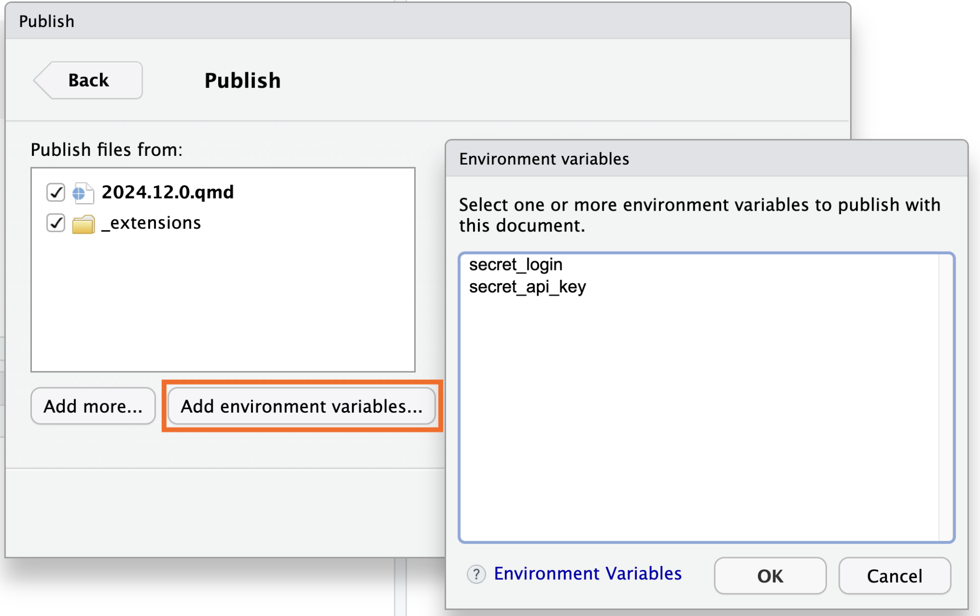 Screenshot of including environment variables when publishing from RStudio.