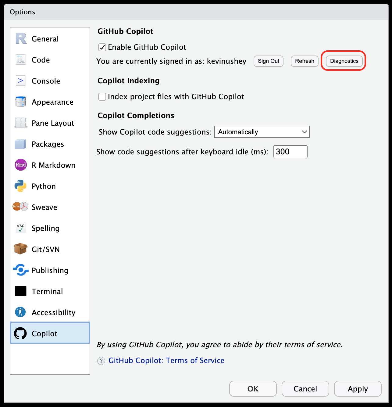 GitHub Copilot: Diagnostics button