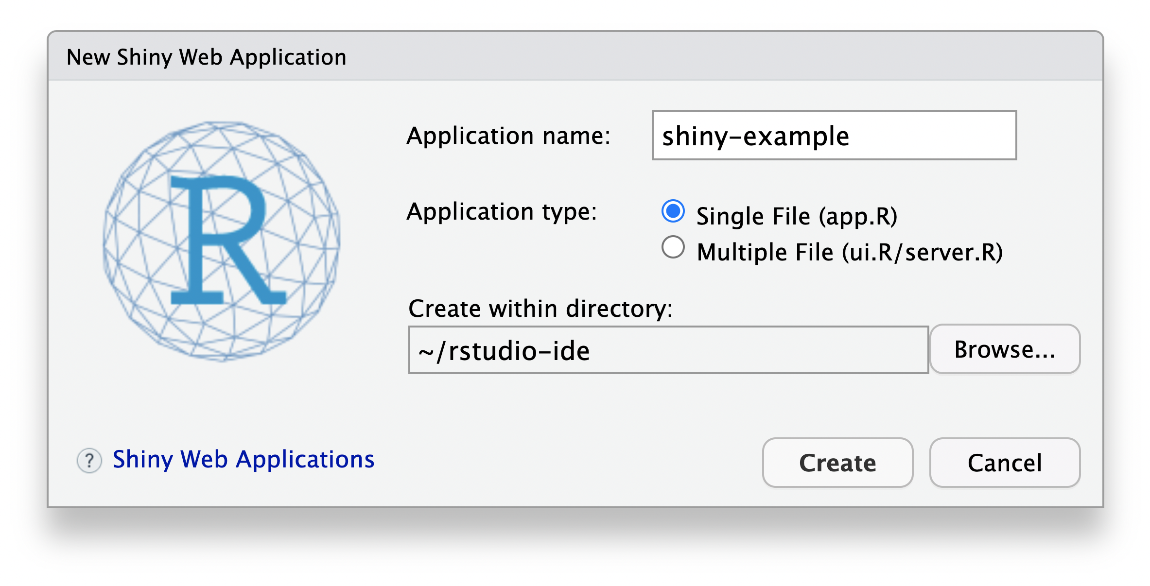 A screenshot of the RStudio > New Shiny Web Application wizard, populated with the above instructions.