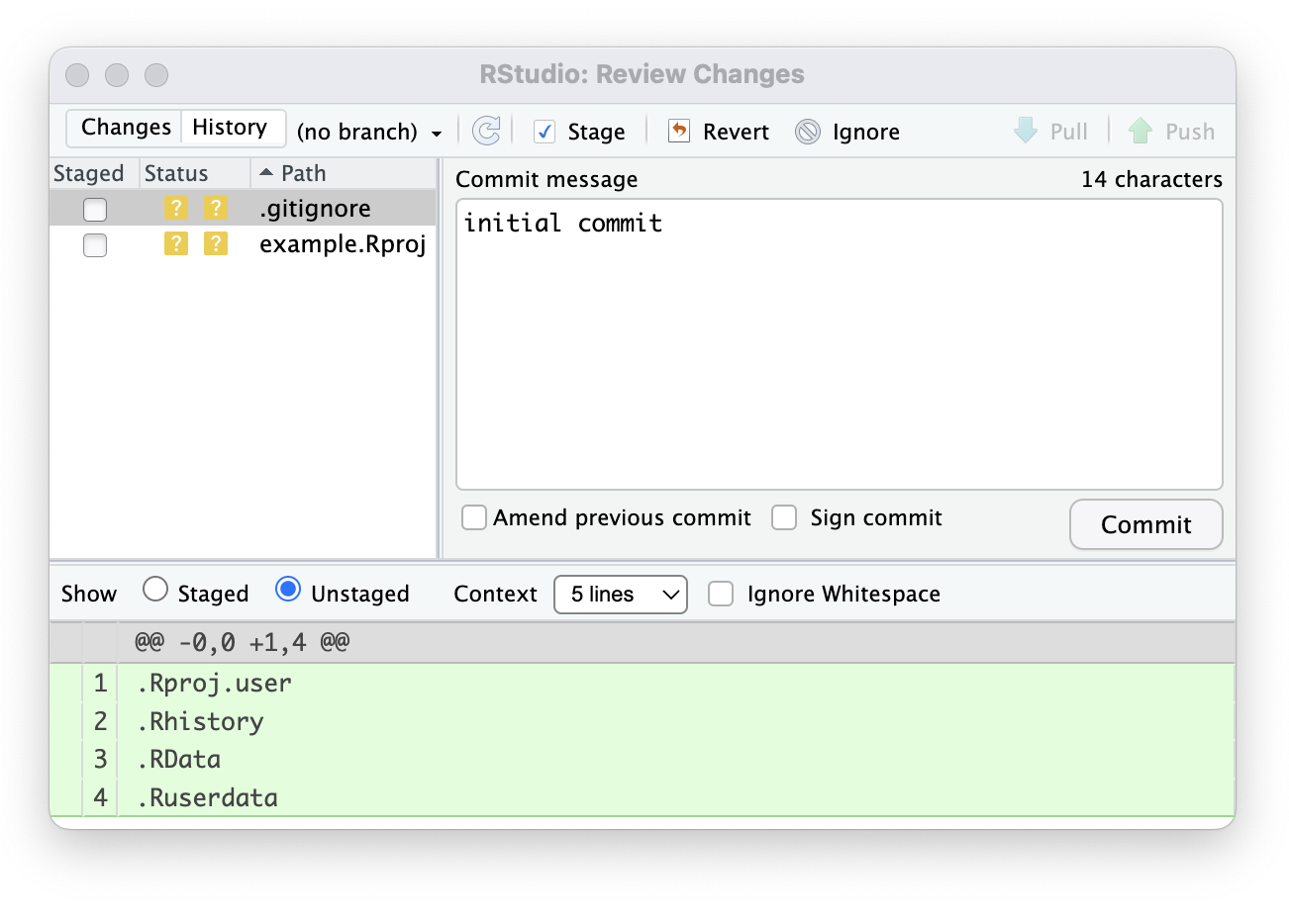 A screenshot of the Review Changes pop-up, indicating the files for staging and the ability to commit, push and pull changes.