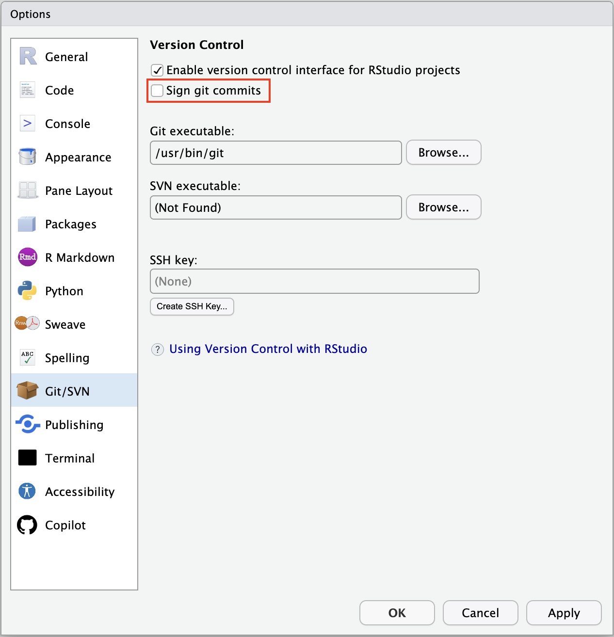 A screenshot of the Global Options pop-up, highlighting the Sign git commits check box.