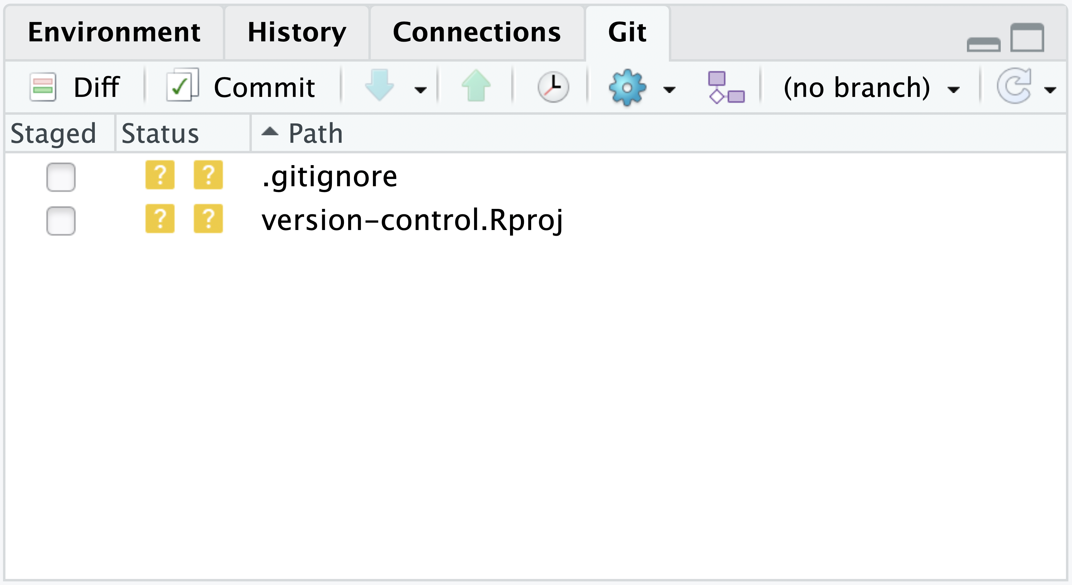 A screenshot of the Git tab in RStudio, showing a few files that can be added to staging.