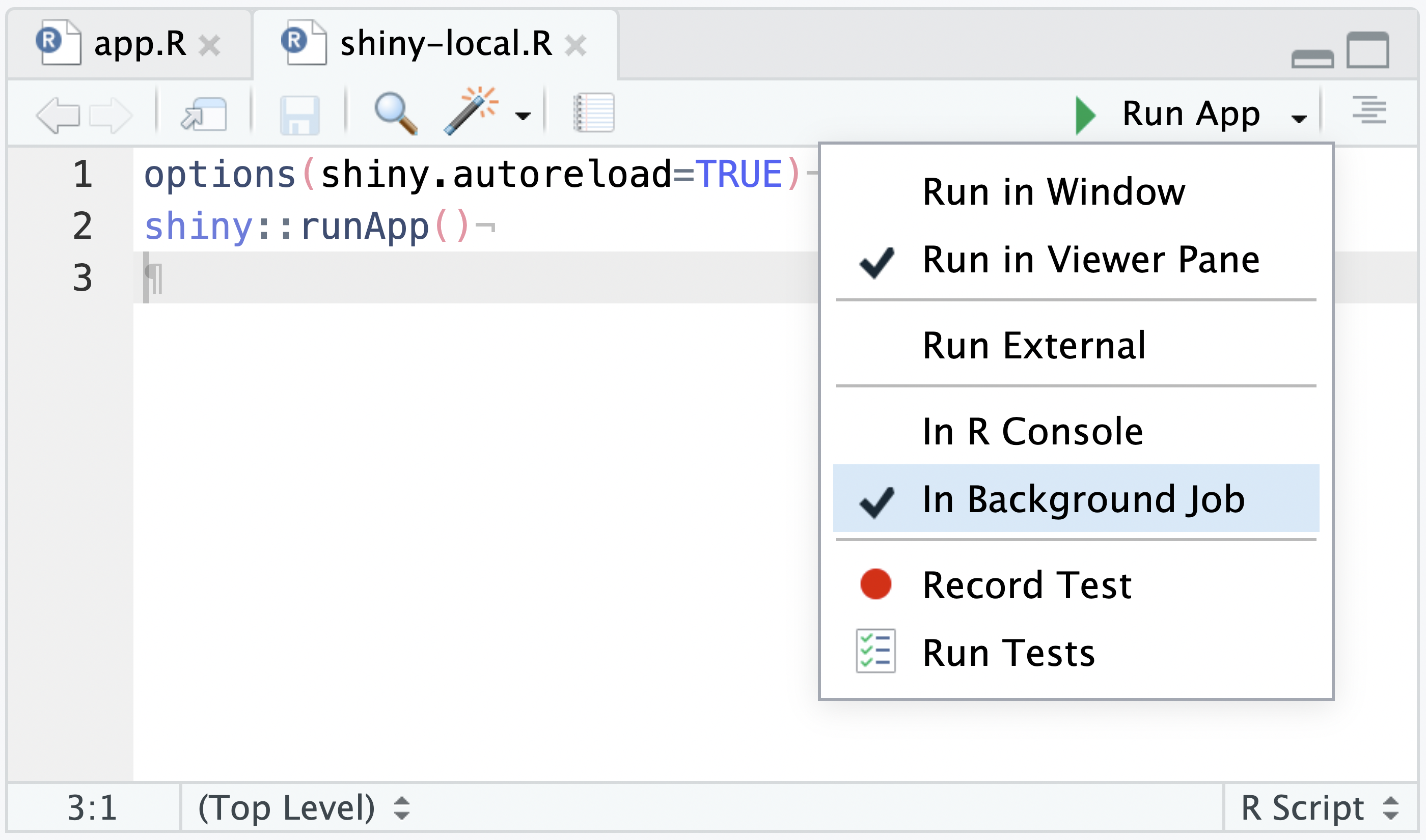 A screenshot of the `shiny-local.R` file, with the Run App > In Background Job menu option highlighted.