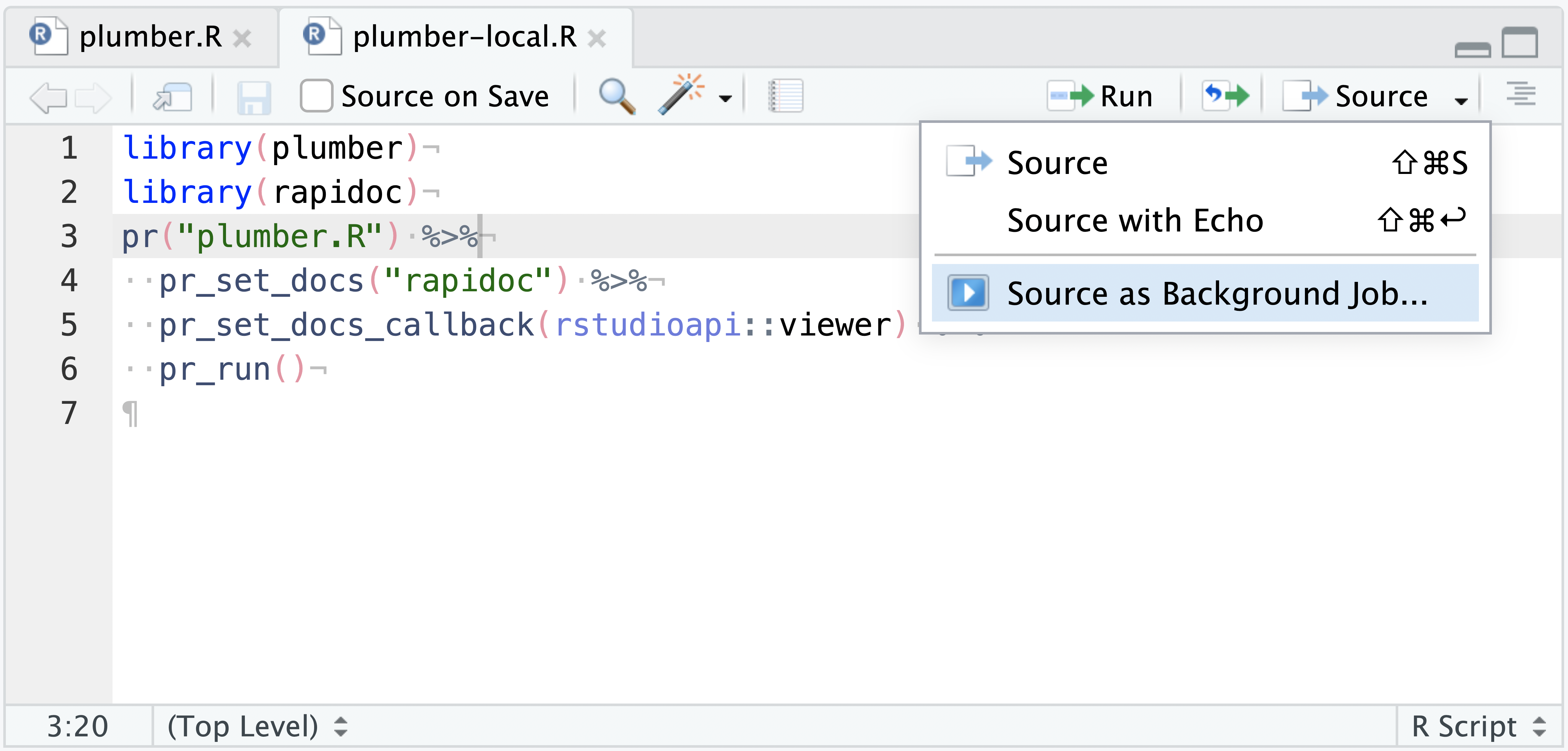 A screenshot of the Source pane, with the Source > Source as Background Job drop-down option highlighted.