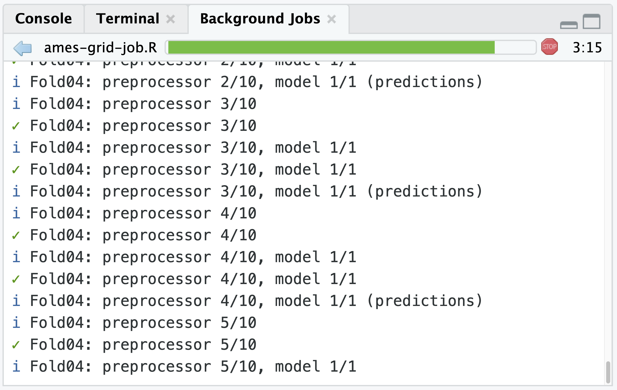 A screenshot of the output from grid tuning of a tidymodels workflows with printing in the **Background Jobs** tab, including the current fold and split.