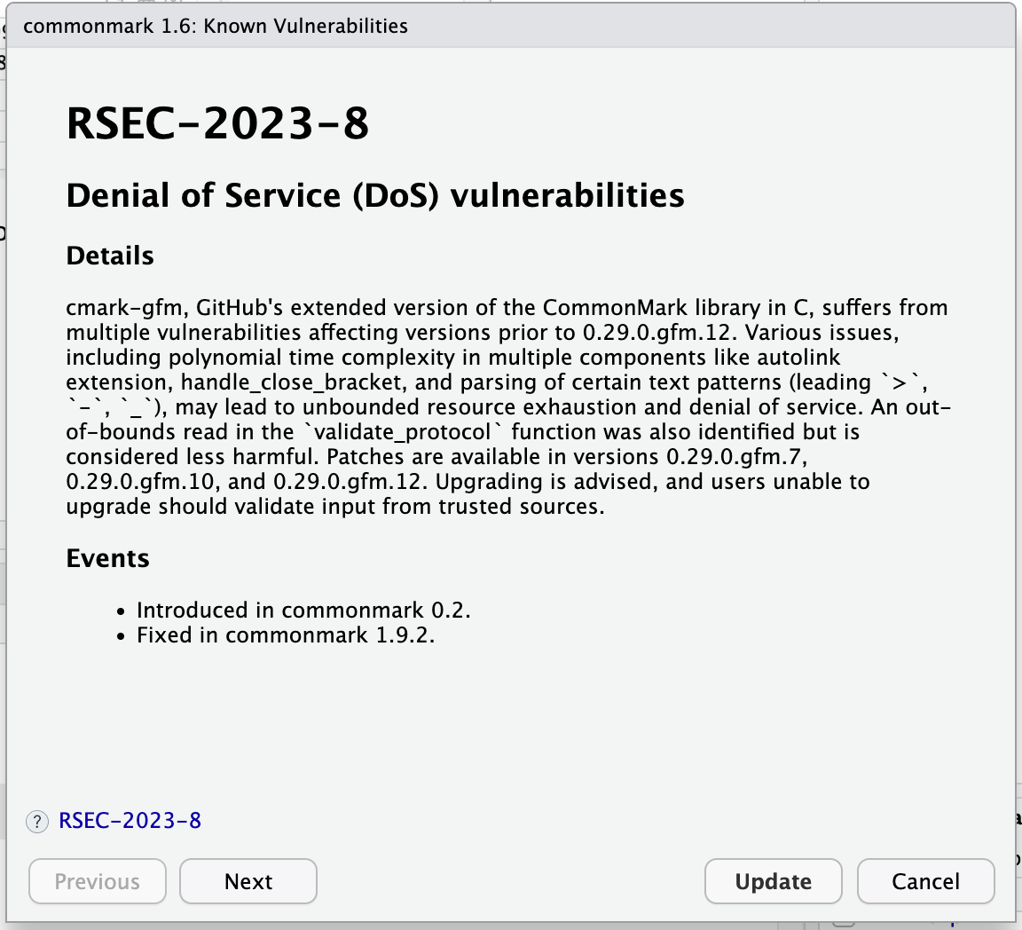 A dialog shows known vulnerability information for version 1.6 of the 'commonmark' package.