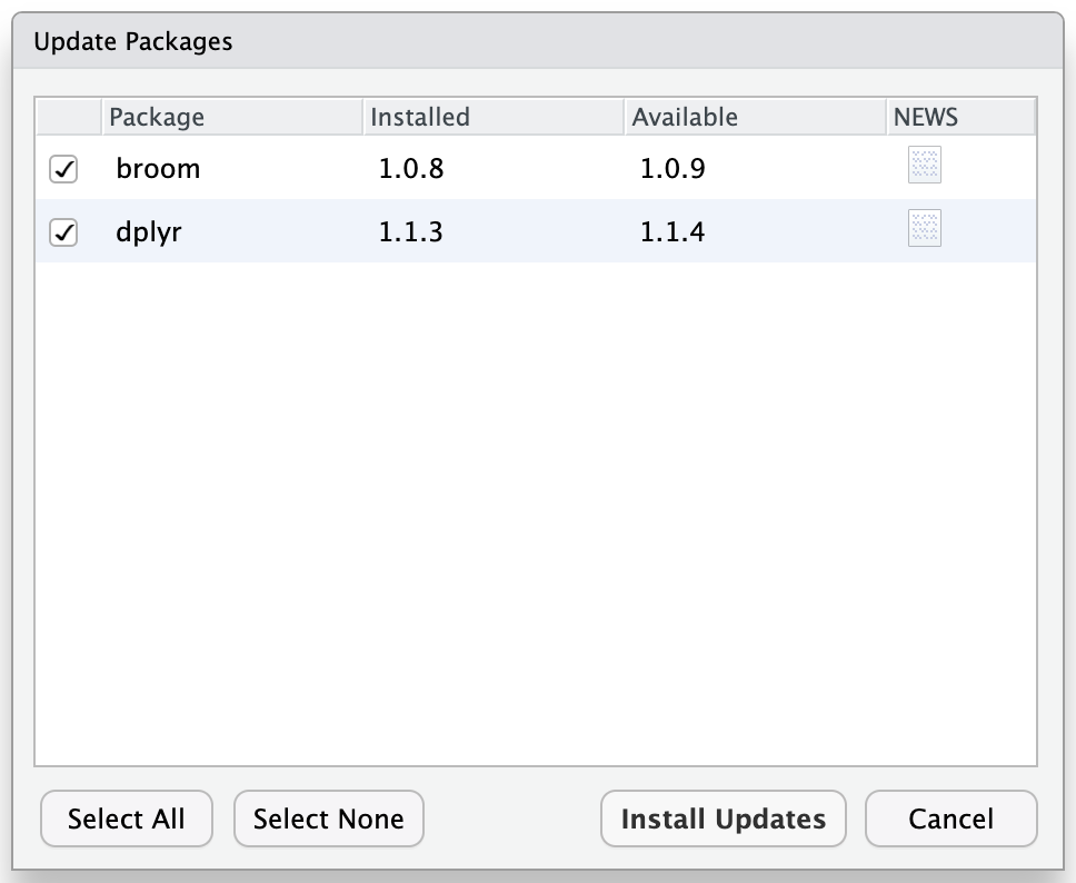 The Update Packages dialog, showing two packages ('broom', 'dplyr') which are out-of-date and can be updated.
