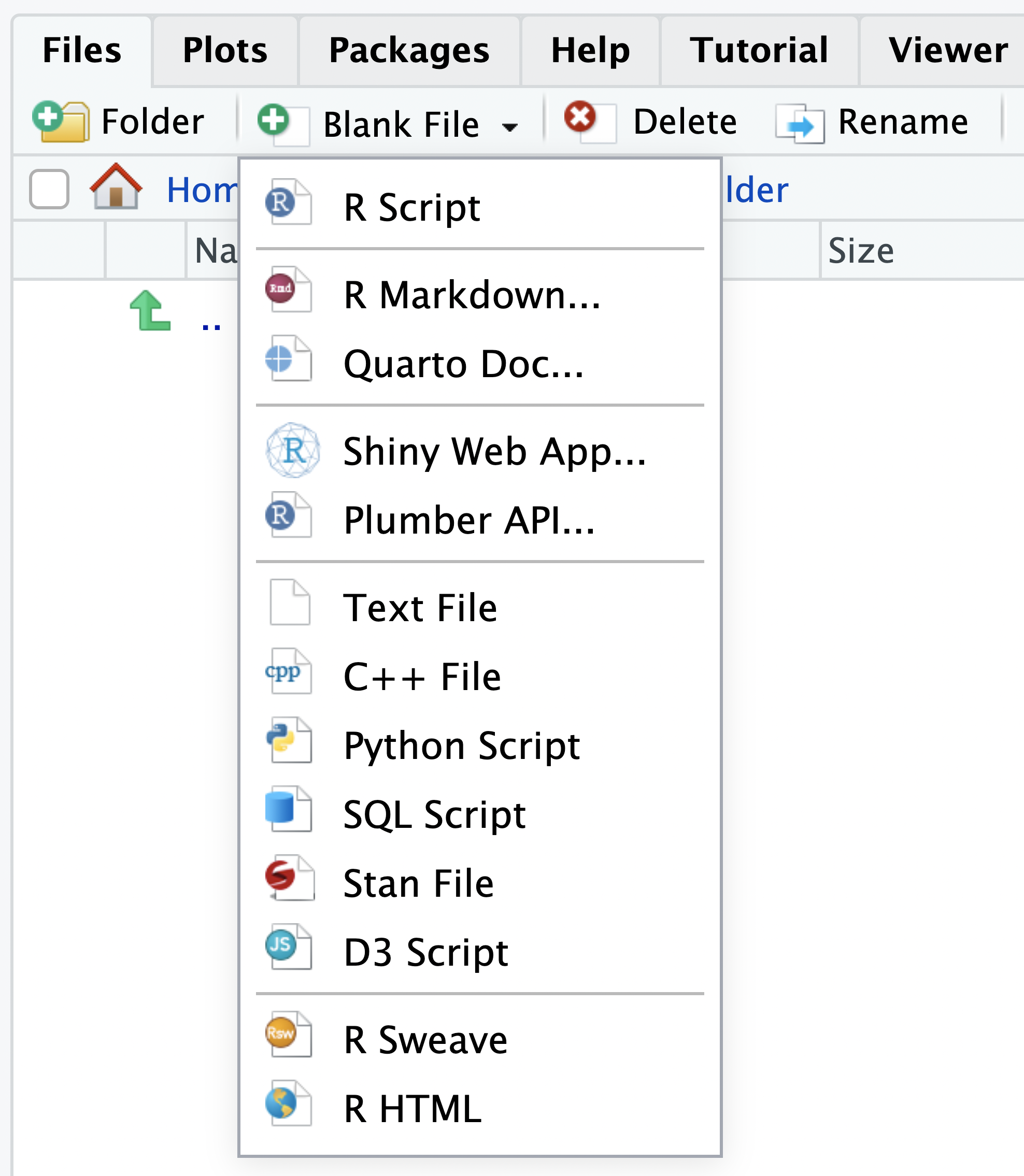A screenshot of the create blank file drop-down.