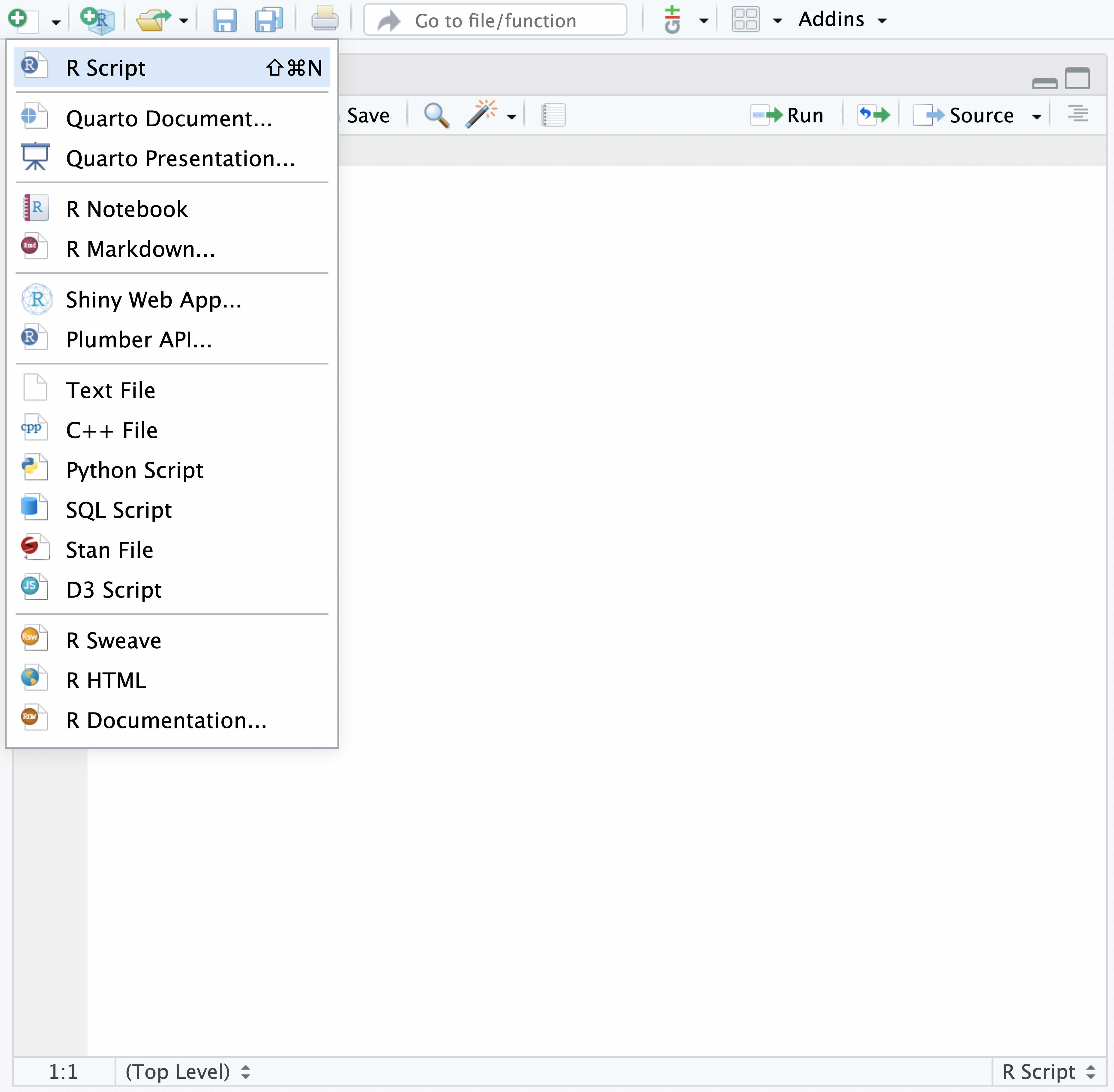 A screenshot of the New File drop-down in RStudio, which provides new R, Python, Quarto, Rmarkdown, Shiny or Plumber files.