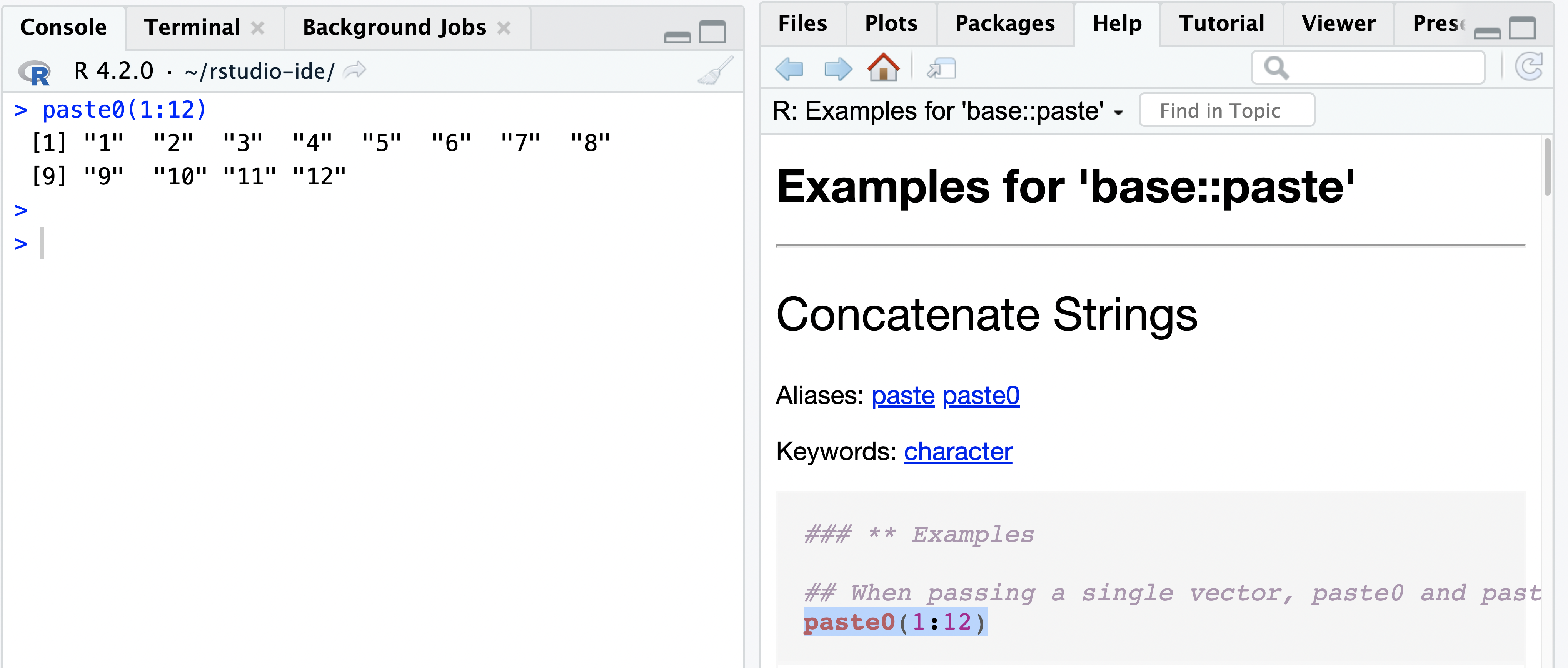 The help pane and R console, where an example code snippet from the examples for paste function has been executed in the R console.