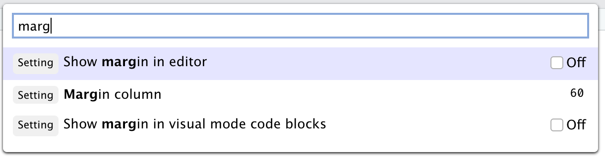 A screenshot of the command palette, displaying toggle options for the margin in RStudio.