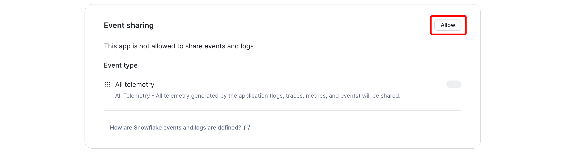 Event sharing panel with the Allow button highlighted.