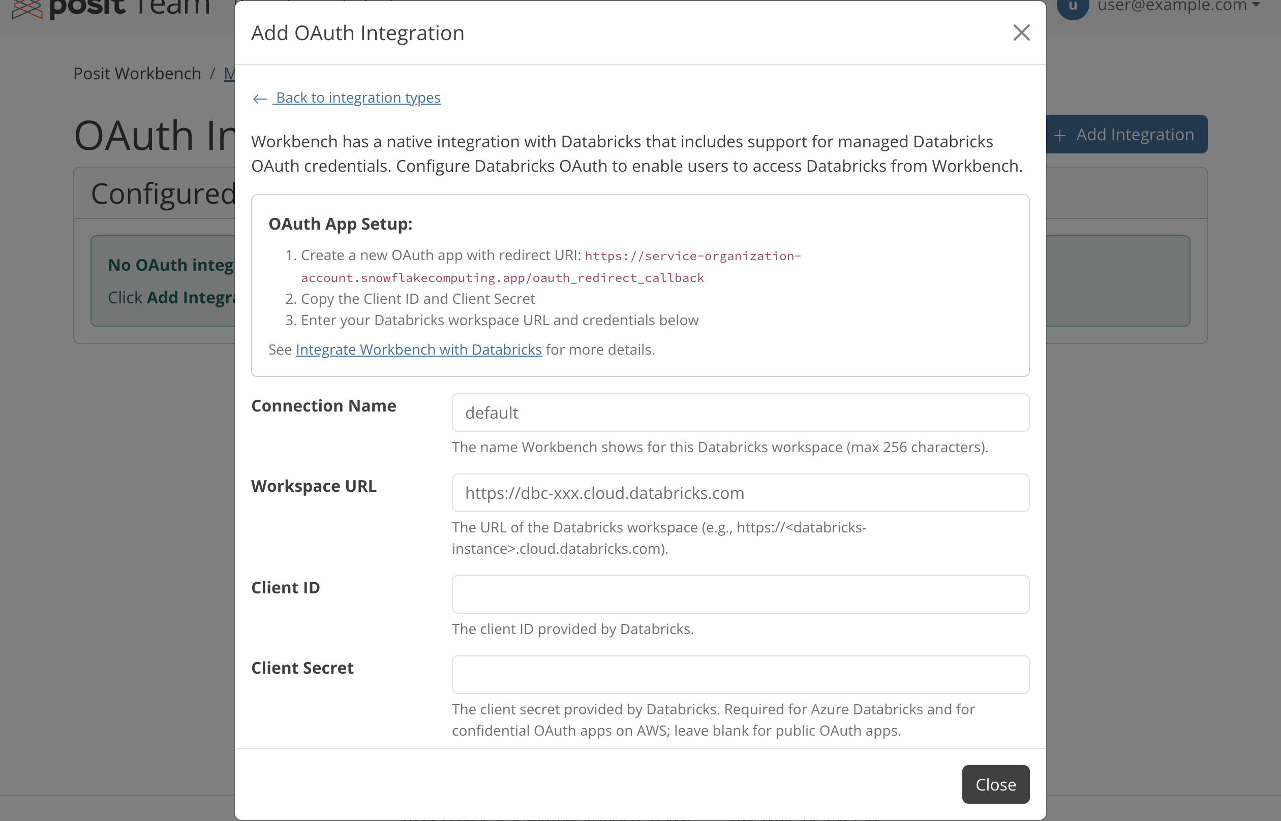 The Add OAuth Integration dialog showing the Databricks OAuth redirect callback URL and the Databricks configuration form.