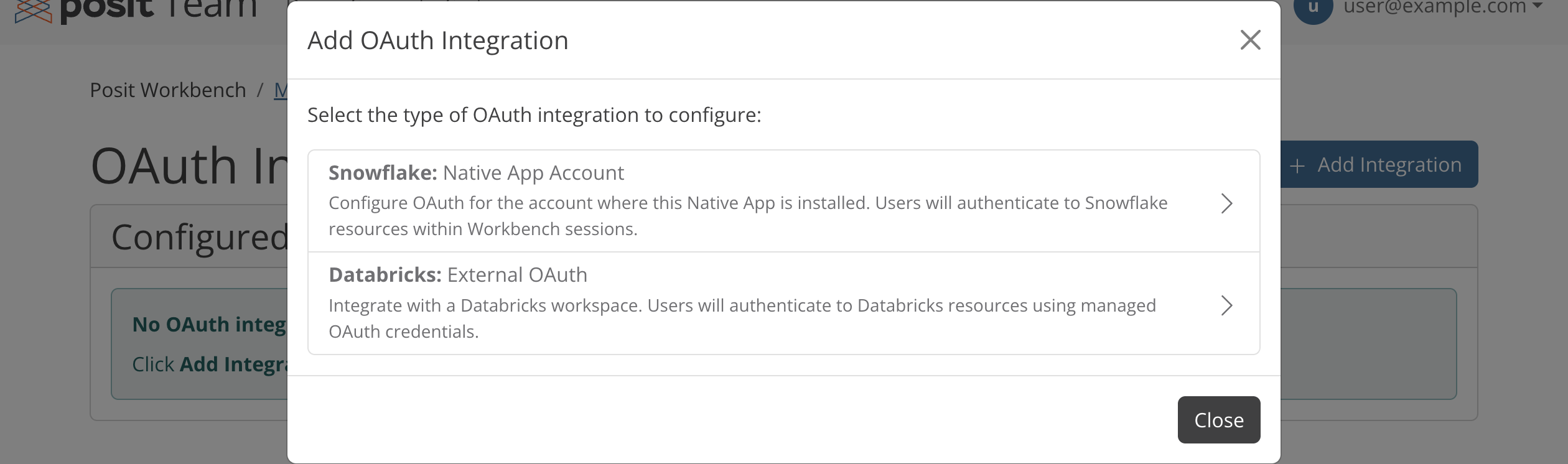 The Add OAuth Integration dialog listing the Snowflake Native App Account and Databricks External OAuth integration types.