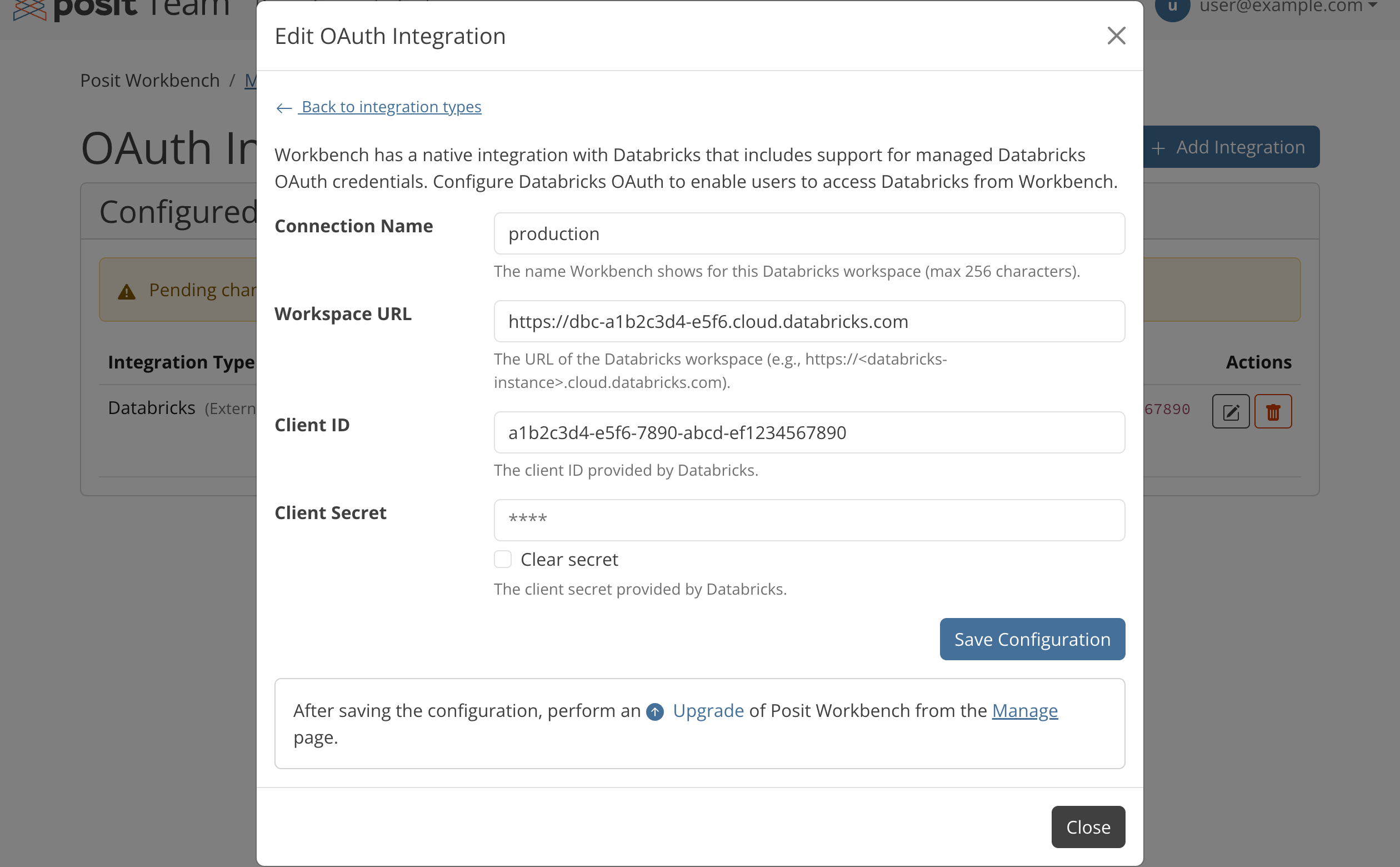 The Edit OAuth Integration dialog showing the saved Databricks connection name, workspace URL, and client ID, a Client Secret field that masks the stored secret as asterisks, and the Clear secret checkbox.