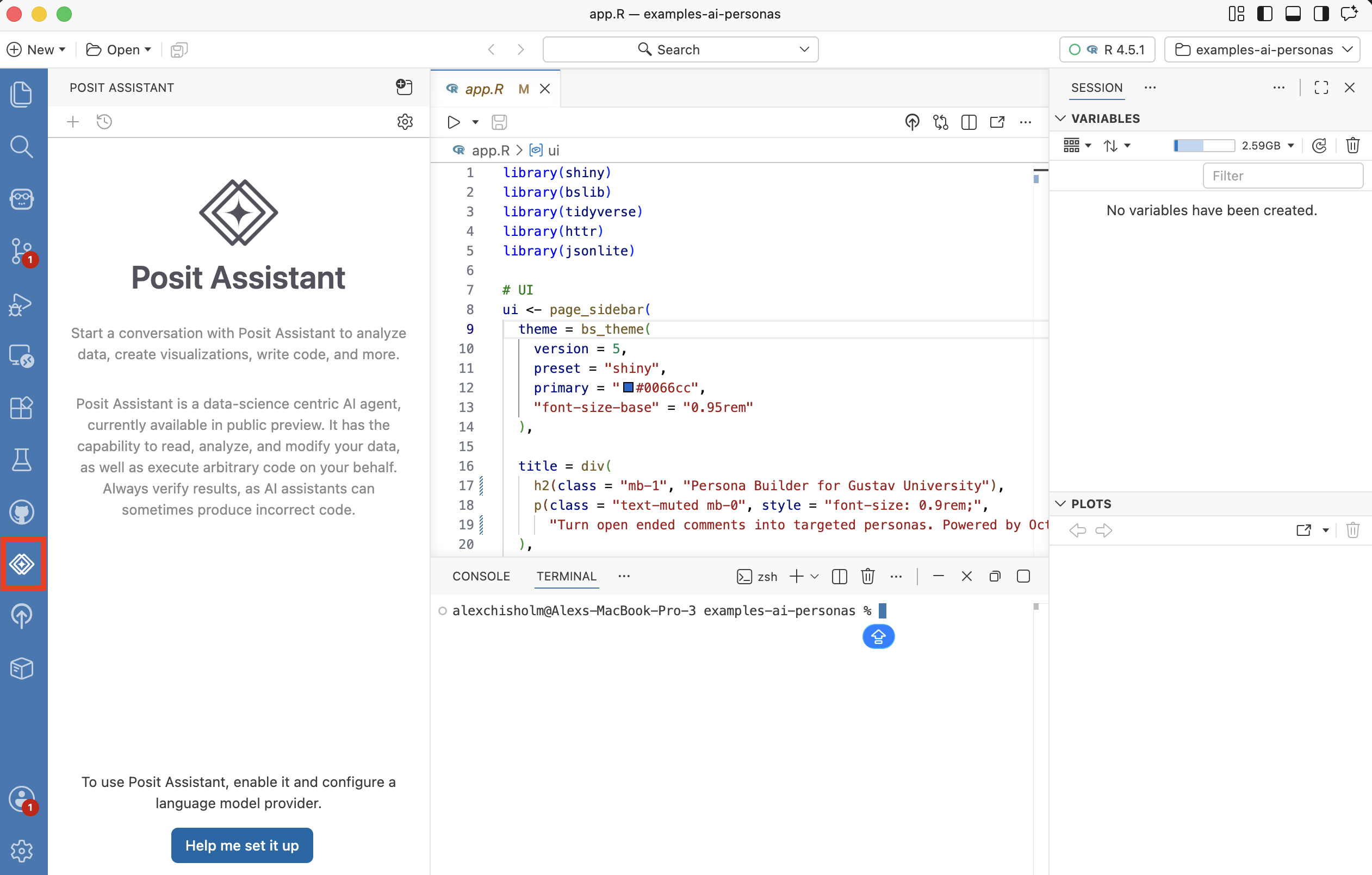 The Positron sidebar showing Posit Assistant with the Help me set it up button