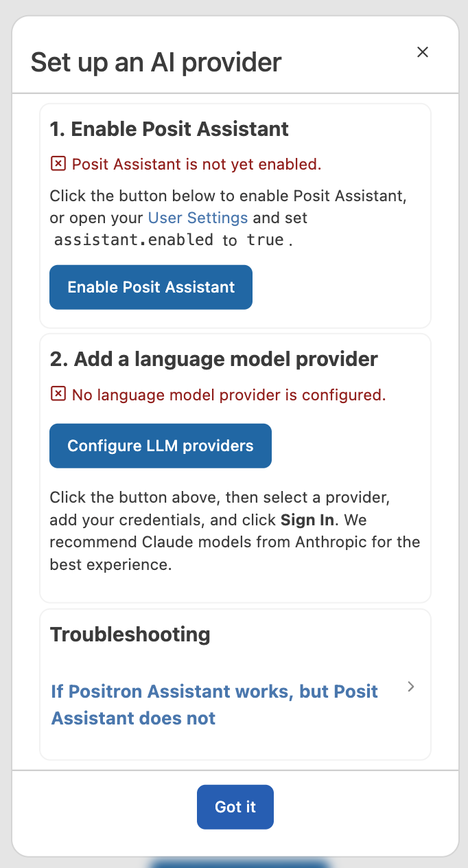 The Set up an AI provider dialog showing the Enable Posit Assistant and Add a language model provider steps