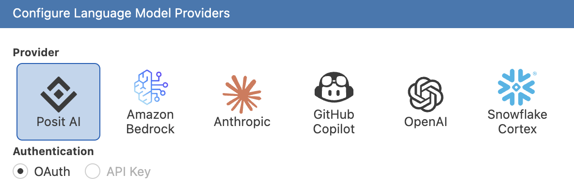 The Configure Language Model Providers dialog with Posit AI selected and OAuth authentication