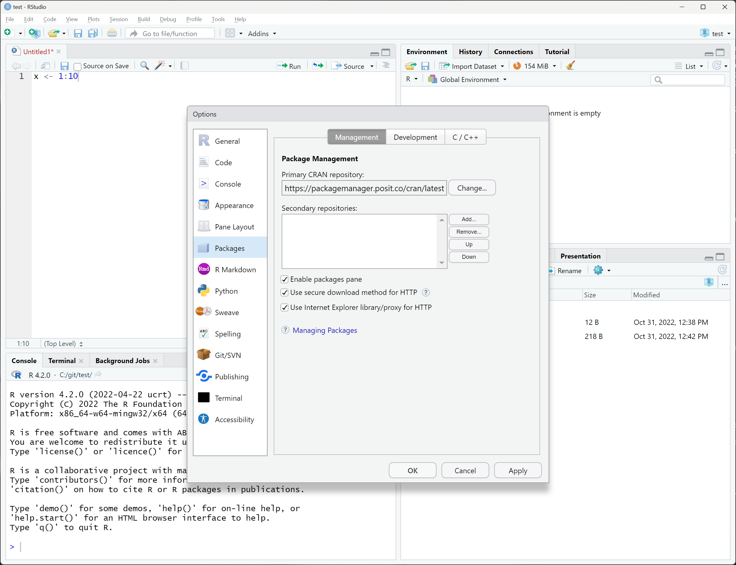 RStudio Desktop Global Options screenshot for setting CRAN repository