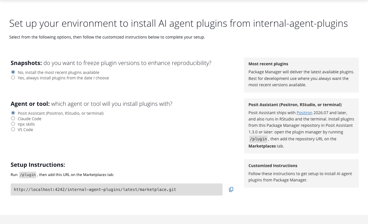The Setup page for an agent plugin repository, with Posit Assistant selected in the tool selector and install instructions below it.